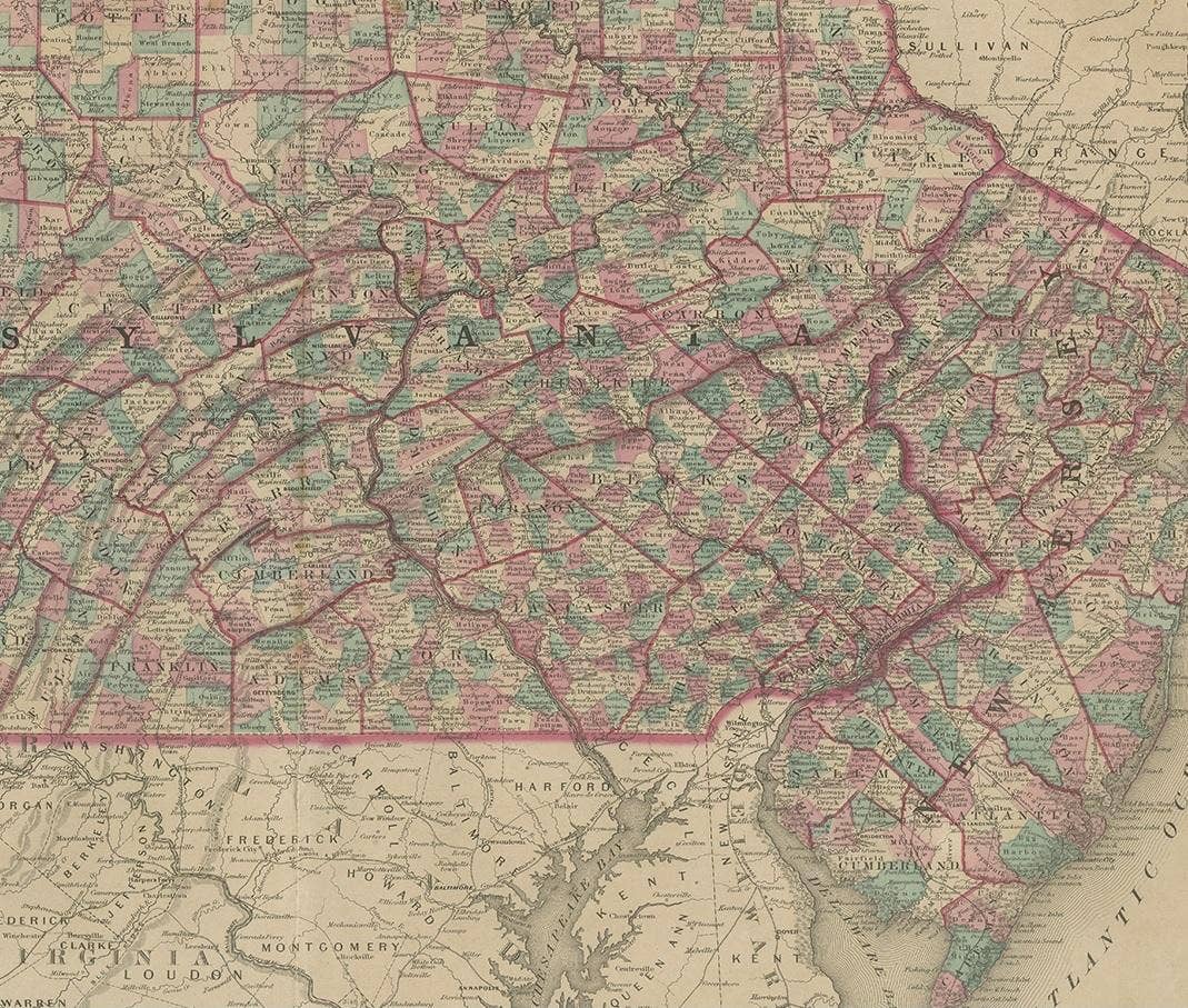 Antique Map of Pennsylvania and New Jersey by Johnson, 1872