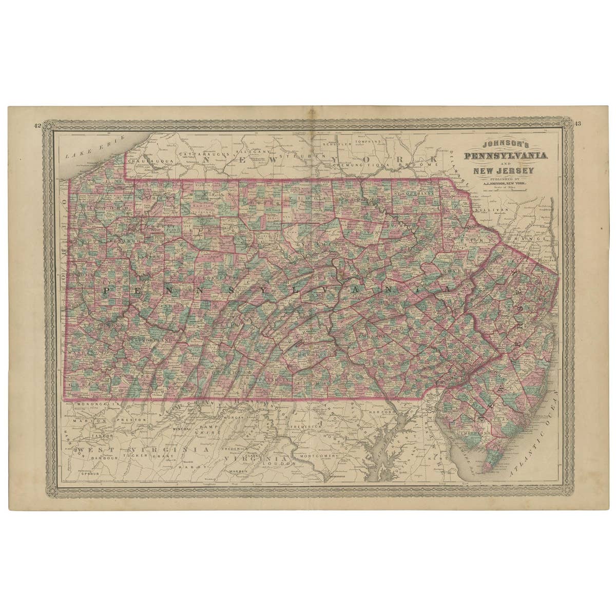 Antique Map of Pennsylvania and New Jersey by Johnson, 1872