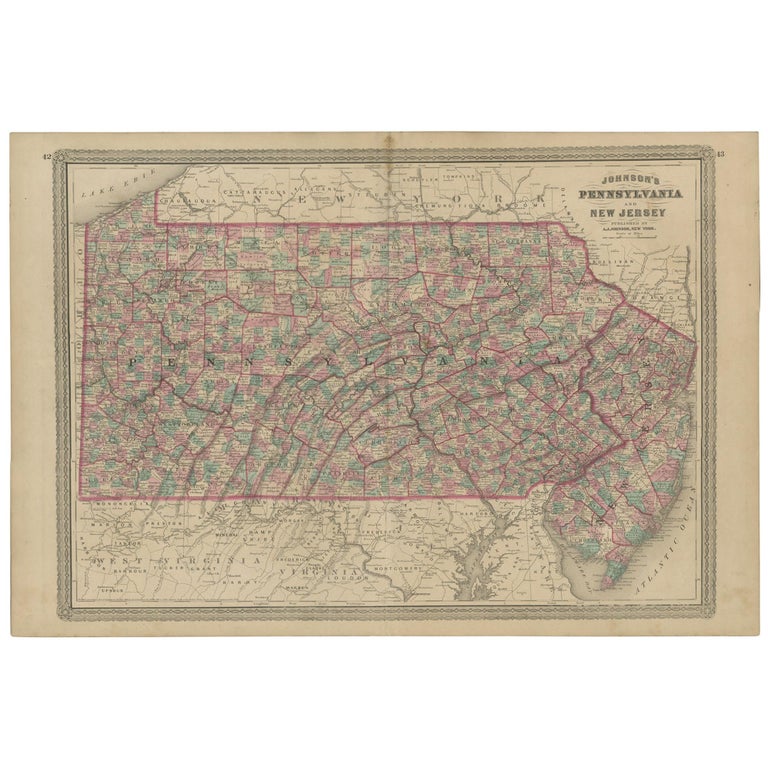 Antique Map of Pennsylvania and New Jersey by Johnson, 1872 For Sale at ...