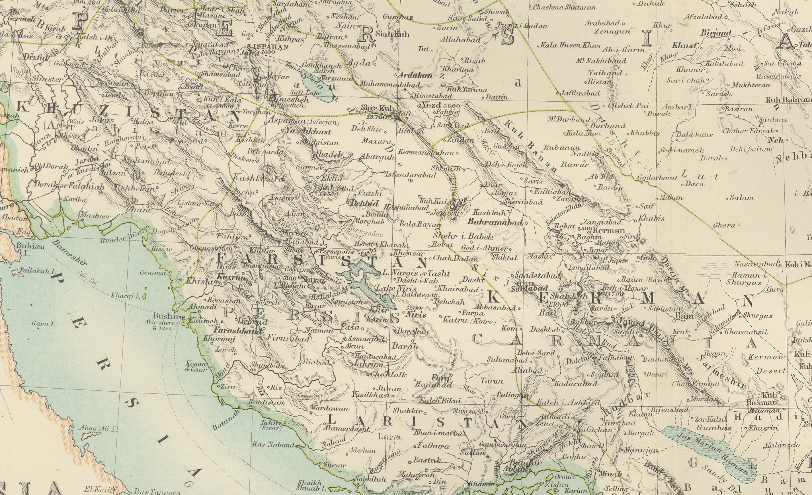 Titre : Carte ancienne de la Perse et de l'Afghanistan, 1903, avec des bordures délicates au pastel et une topographie détaillée

Description :
Cette carte ancienne, intitulée 
