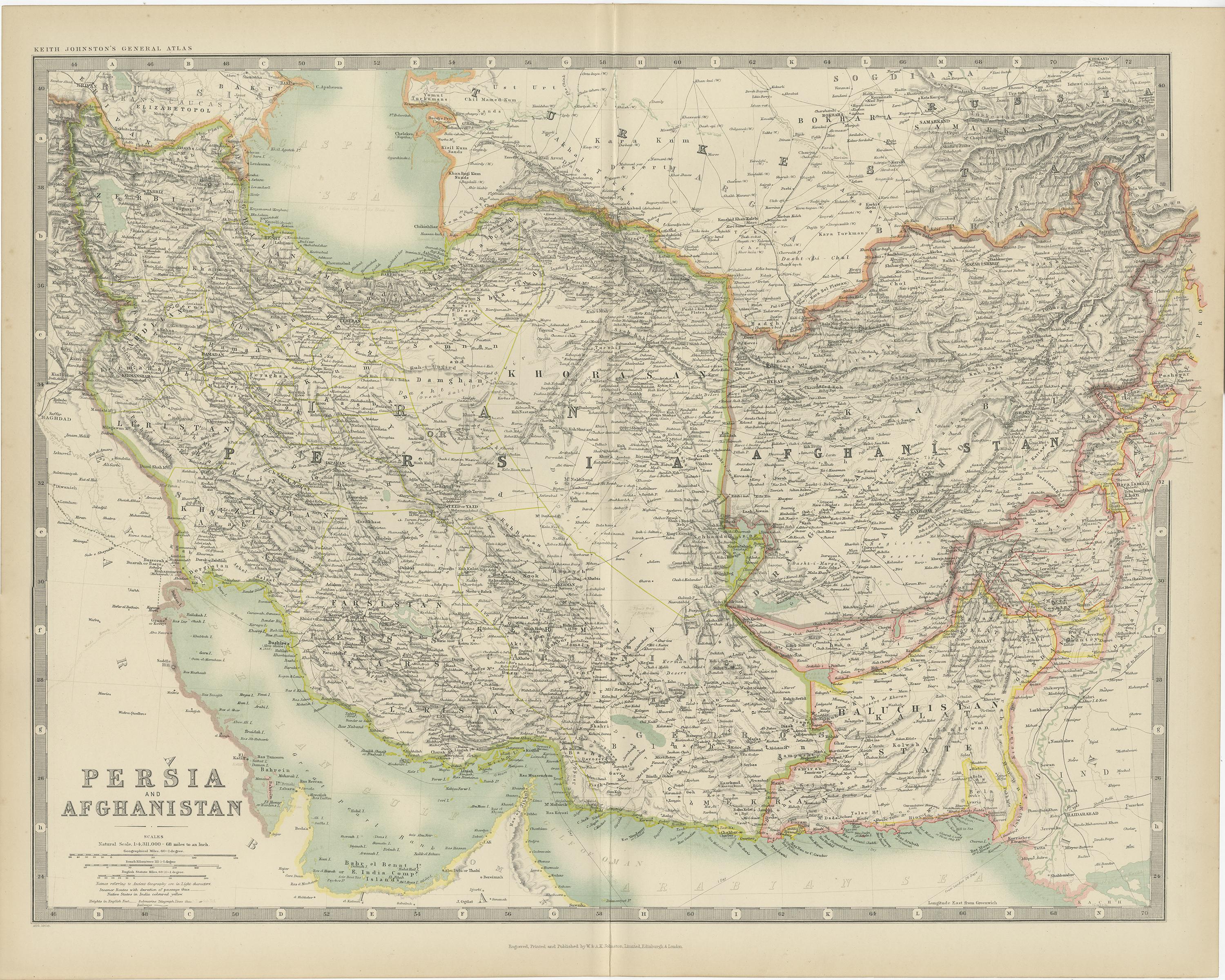 Antique map titled 'Persia and Afghanistan'. Original antique map of Persia and Afghanistan. This map originates from the ‘Royal Atlas of Modern Geography’. Published by W. & A.K. Johnston, 1909.