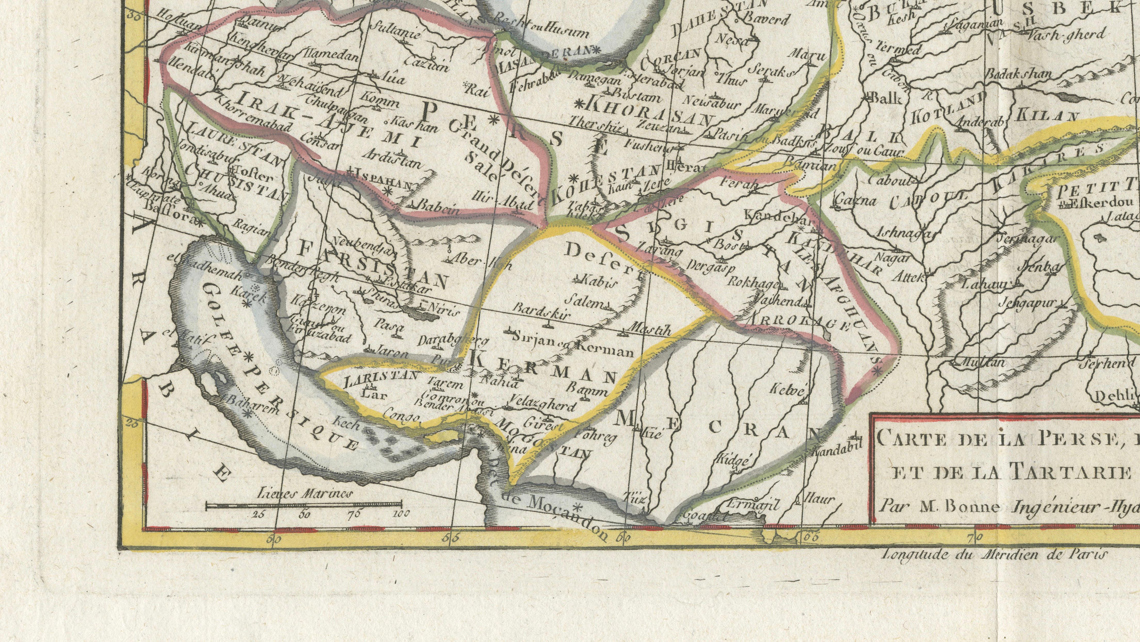 Antique Map of Persia, Georgia and Tartary by Bonne, Central Asia, c.1780
