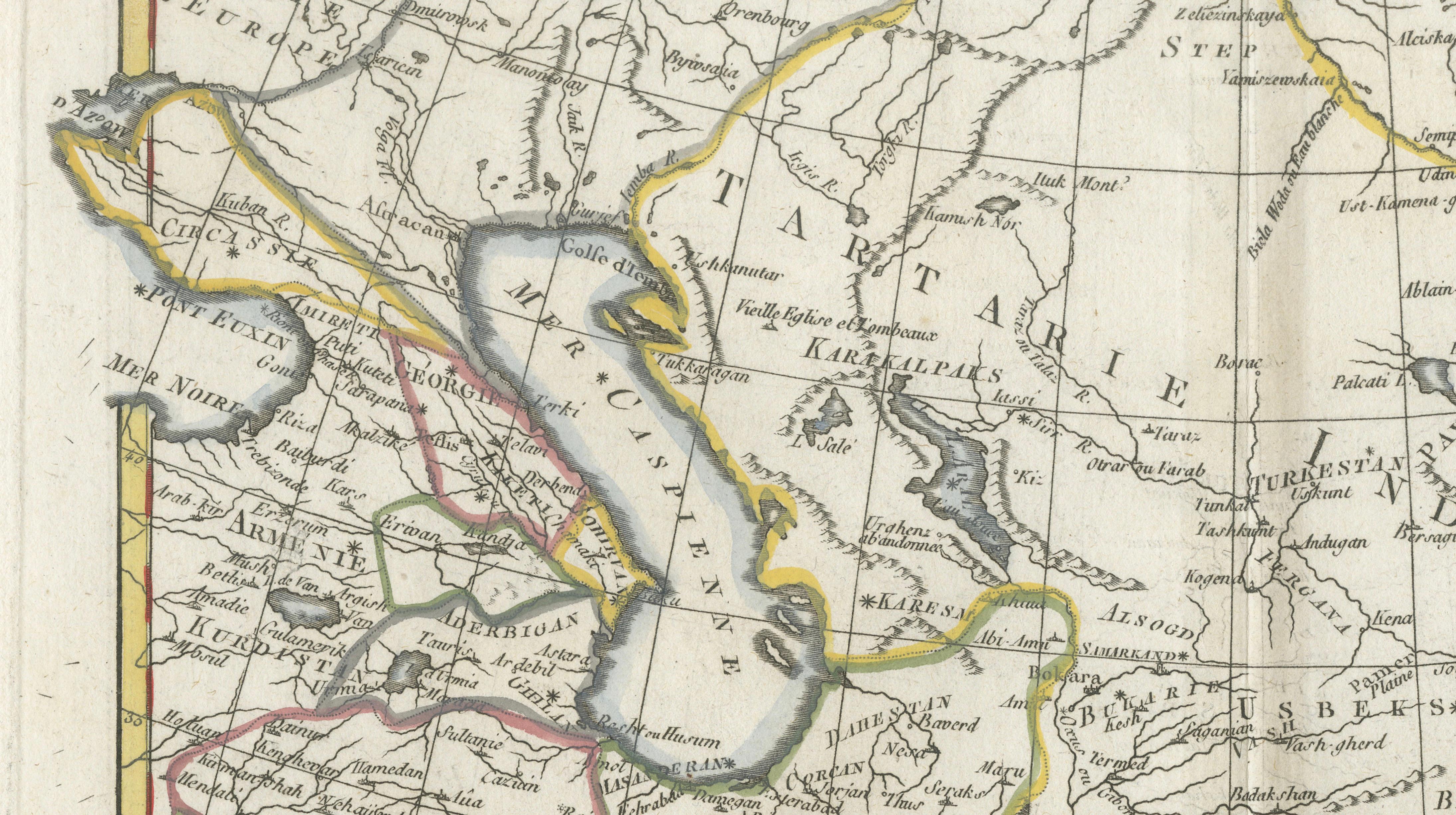 Antique Map of Persia, Georgia and Tartary by Bonne, Central Asia, c.1780
