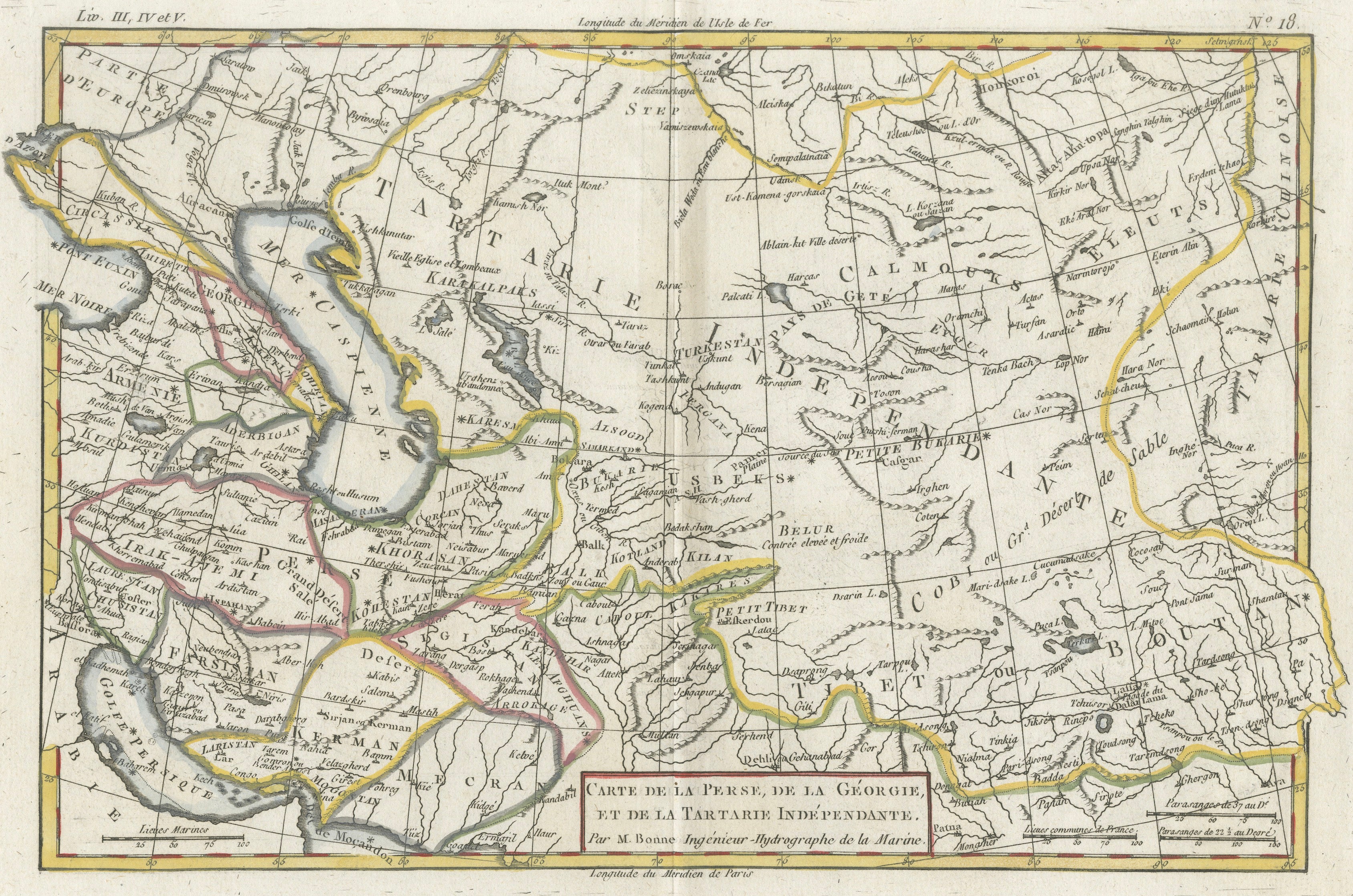 Antique Map of Persia, Georgia and Tartary by Bonne, Central Asia, c.1780