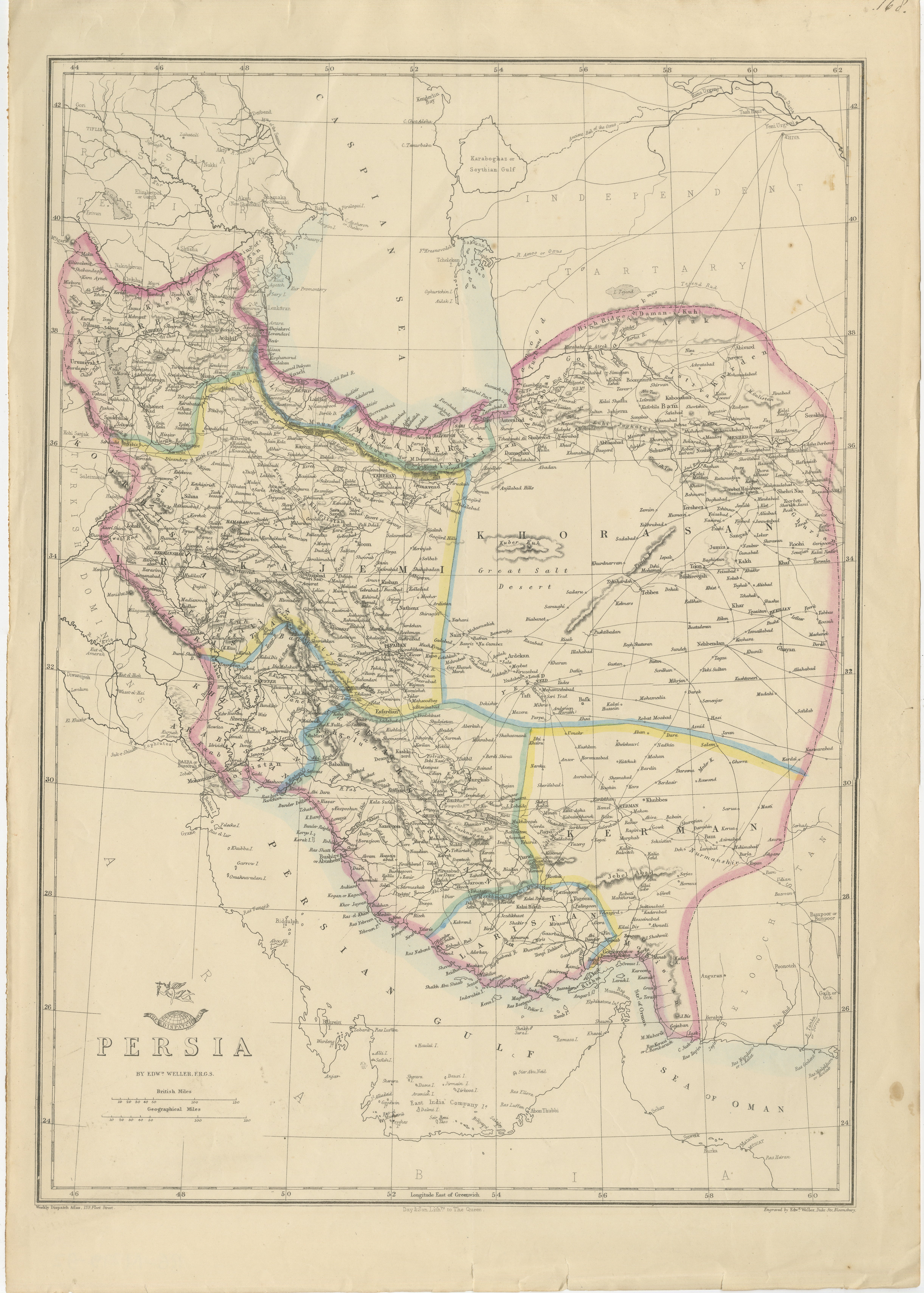 Antique Map of Persia Iran by Edward Weller for Weekly Dispatch Atlas, 1863