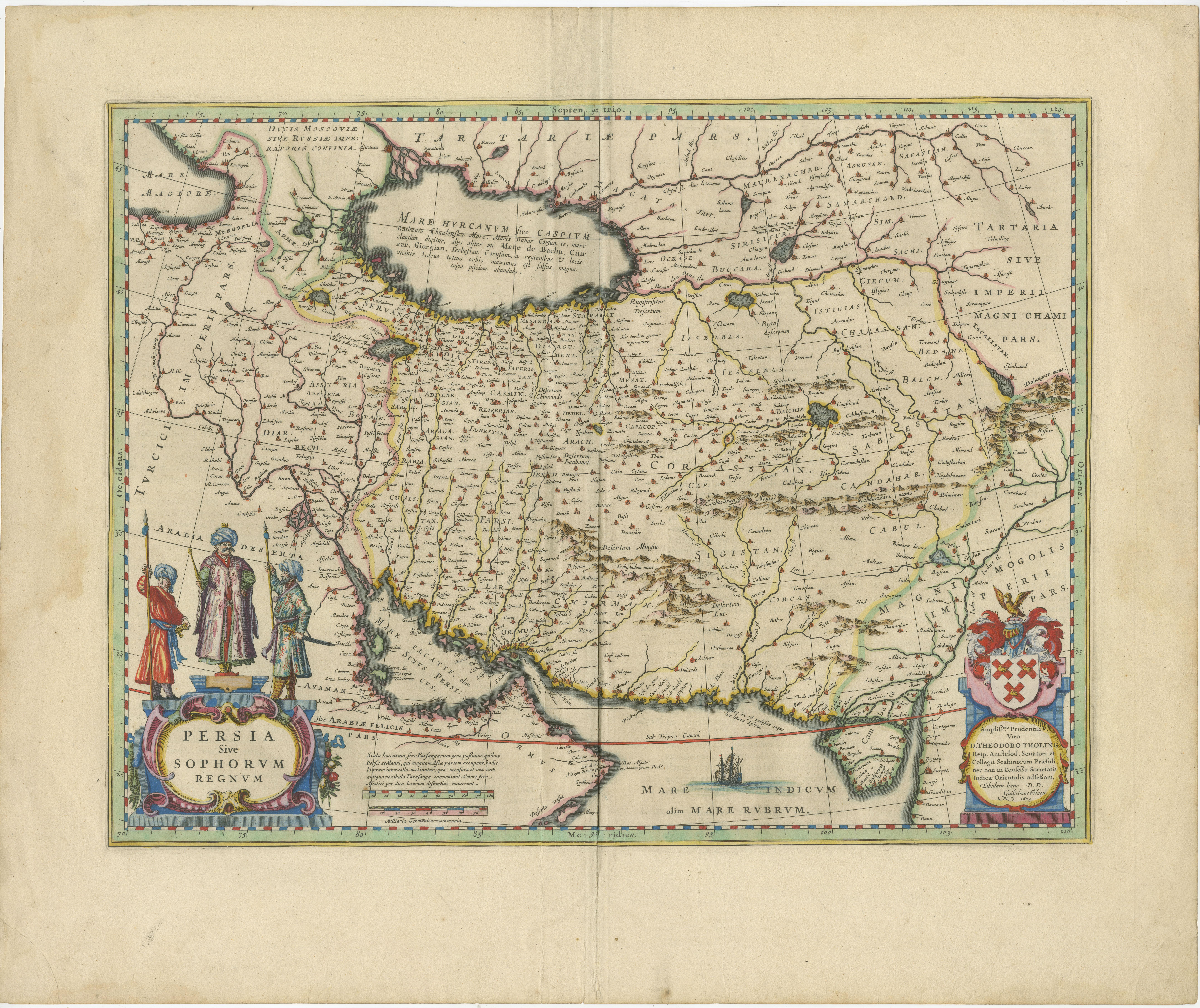 Antique map titled 'Persia sive Sophorum Regnum'. Original old map of Persia. The map extends from the Eastern Mediteranian to Tacalistan and the Indus River and the Dalanguer Mountains and the Cabul Region, with the Red Sea and the Persian Gulf in