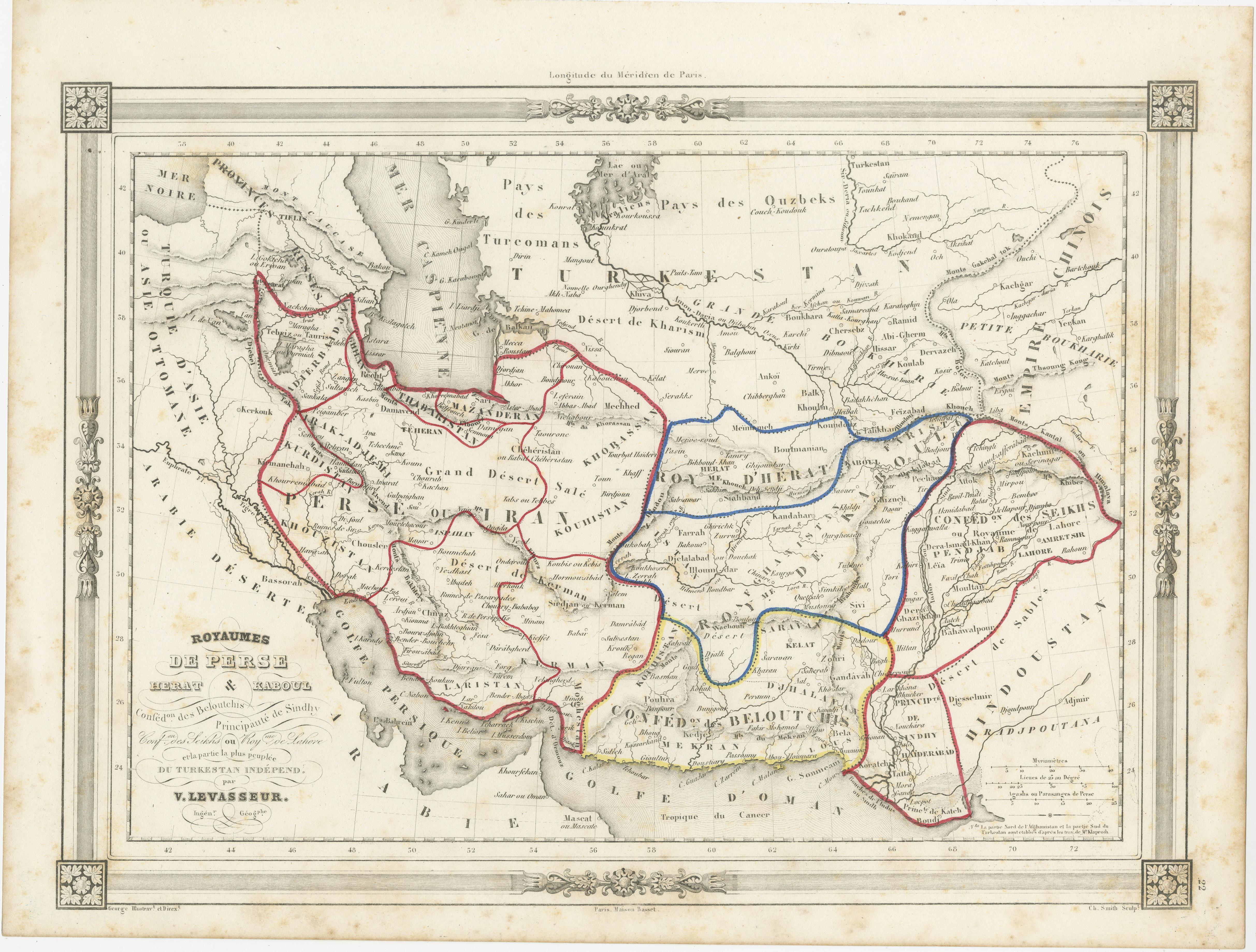 Die antike Karte mit dem Titel 'Royaumes de Perse Herat & Kaboul' ist eine attraktive Karte von Persien. Hier sind die wichtigsten Details und Merkmale der Karte:

1. **Geografischer Geltungsbereich**:
   - Die Karte deckt einen großen Teil der