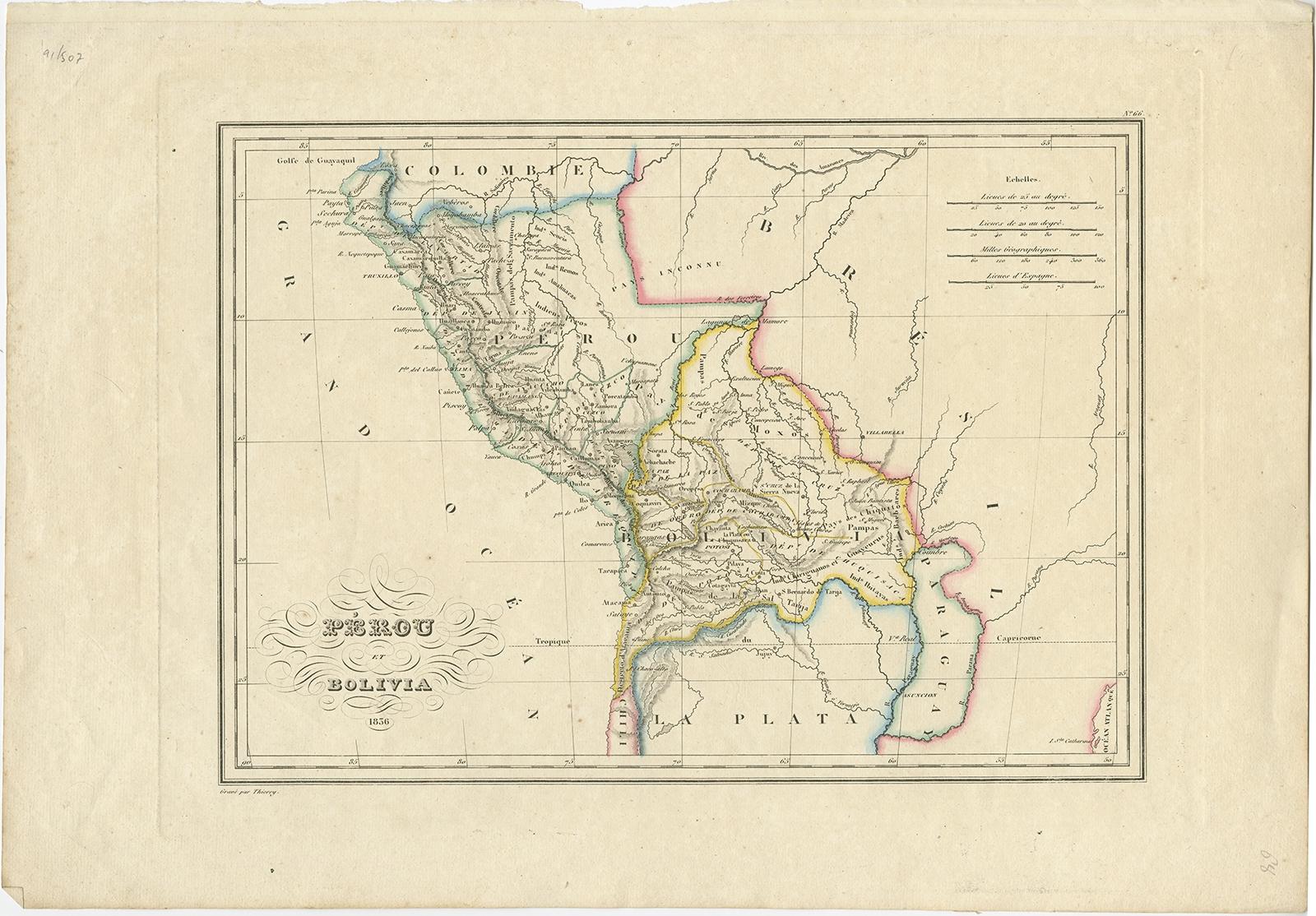 Antike Karte mit dem Titel 'Pérou et Bolivia'. 

Dekorative Karte von Peru und Bolivien mit Umrisskolorierung. Stammt aus 