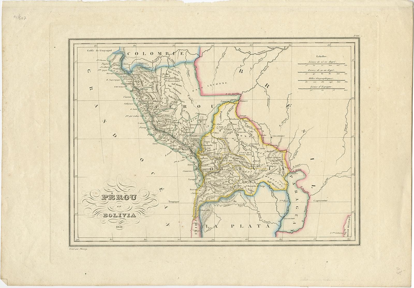 Antique map titled 'Pérou et Bolivia'. 

Decorative map of Peru and Bolivia with outline coloring. Originates from 'Atlas Complet Du Precis De La Geographie Universelle de M. Malte-Brun'. 

Artists and Engravers: Engraved by