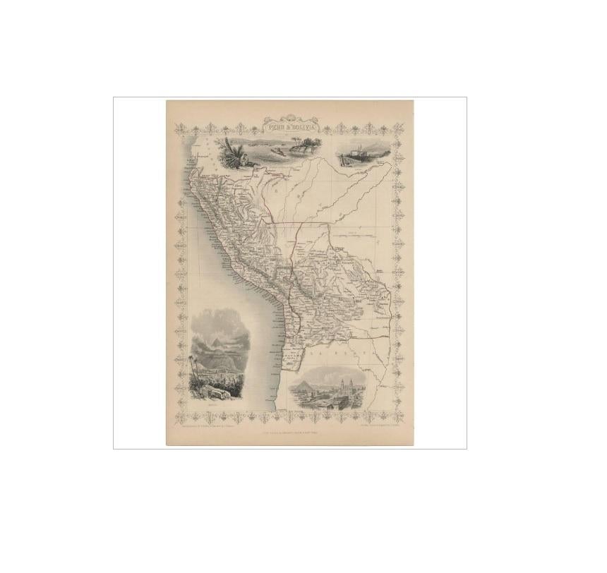 Mappa decorativa e dettagliata della metà del XIX secolo del Perù e della Bolivia, in Sud America, disegnata e incisa da John Rapkin (vignette di H. Winkles & H. I. Co.) e pubblicata in The Illustrated Atlas di John Tallis & Co. (Londra e New York: