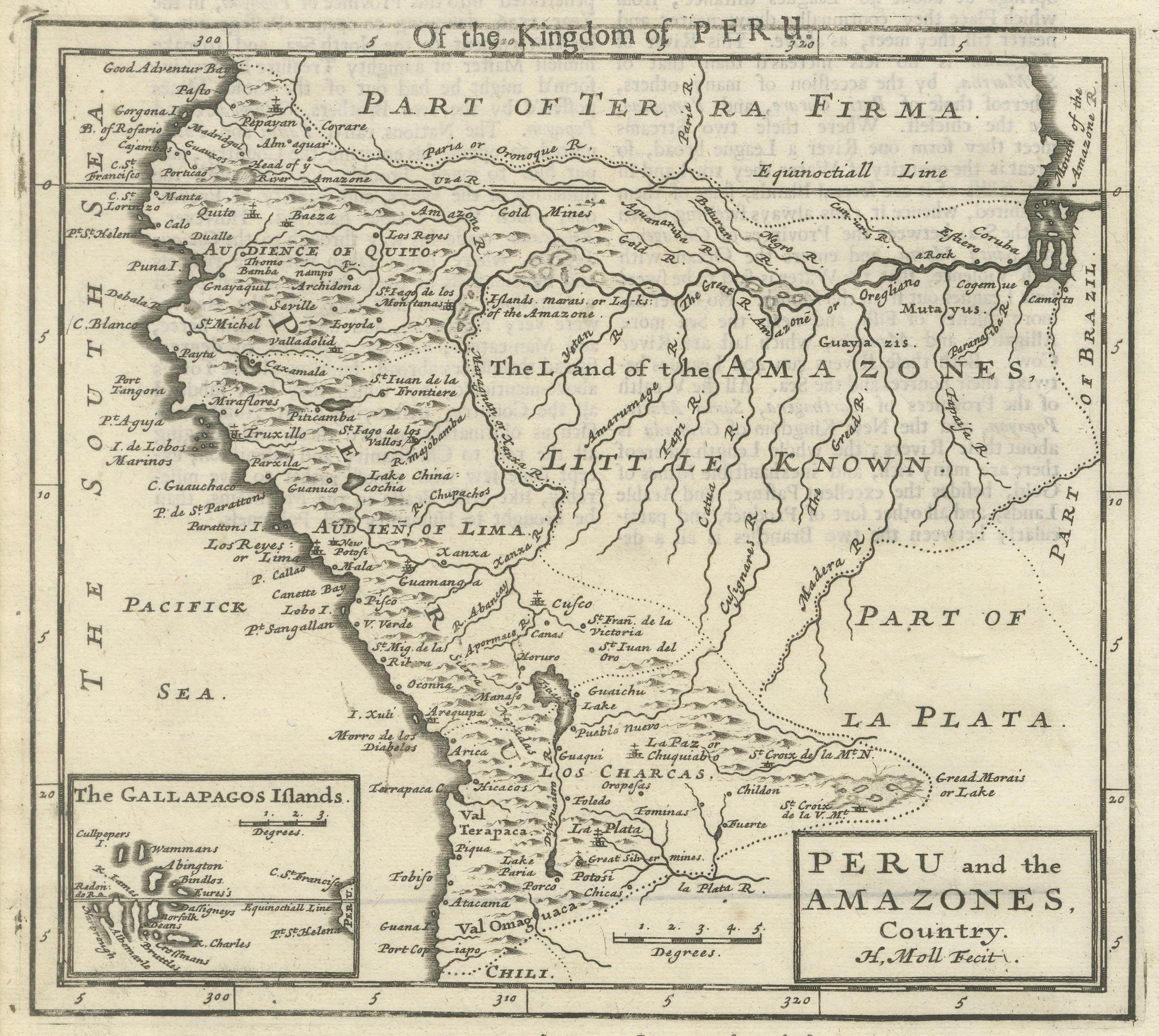 Antique Map of Peru and the Amazon by Herman Moll with Galapagos, c.1709