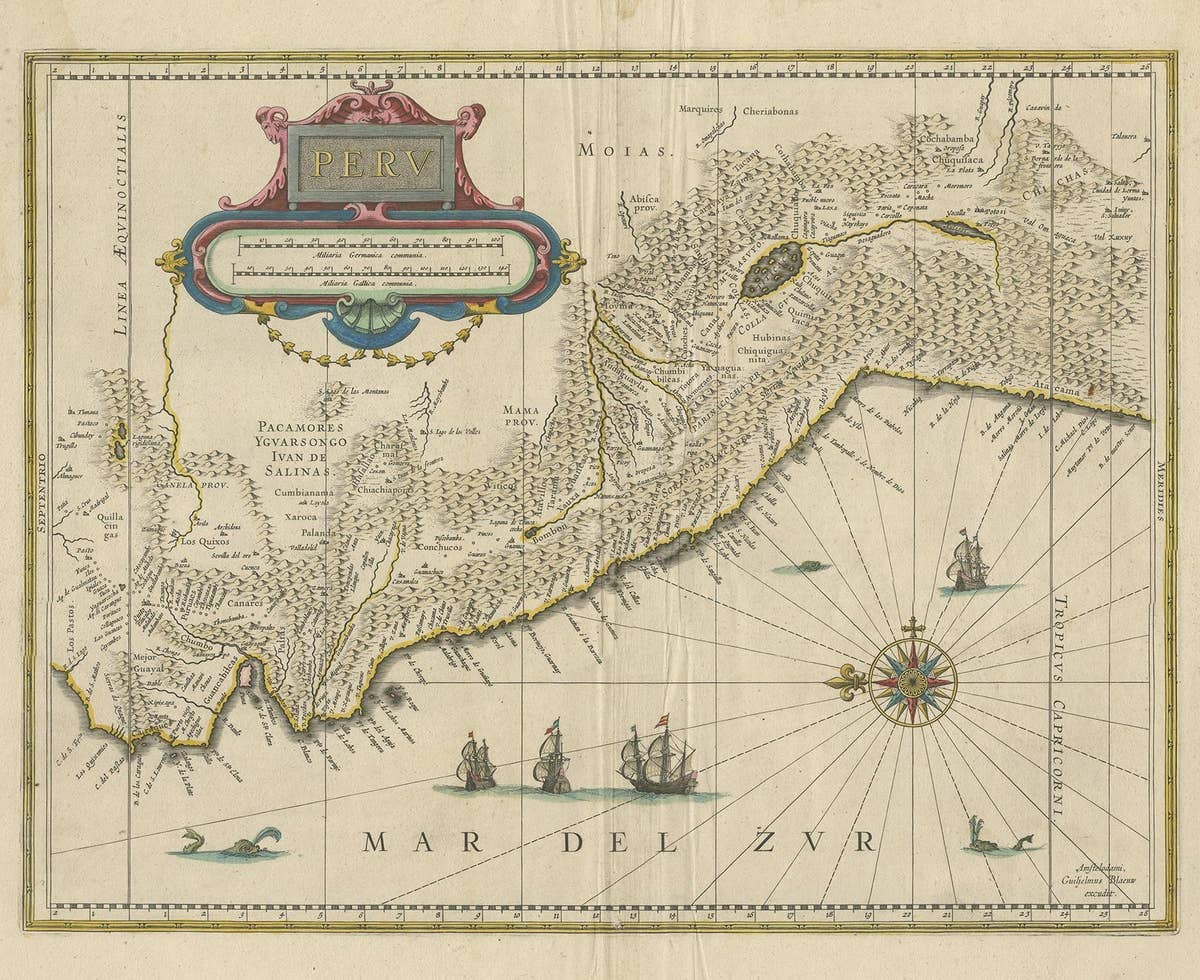 Antique Map of Peru in South America by Blaeu, circa 1645