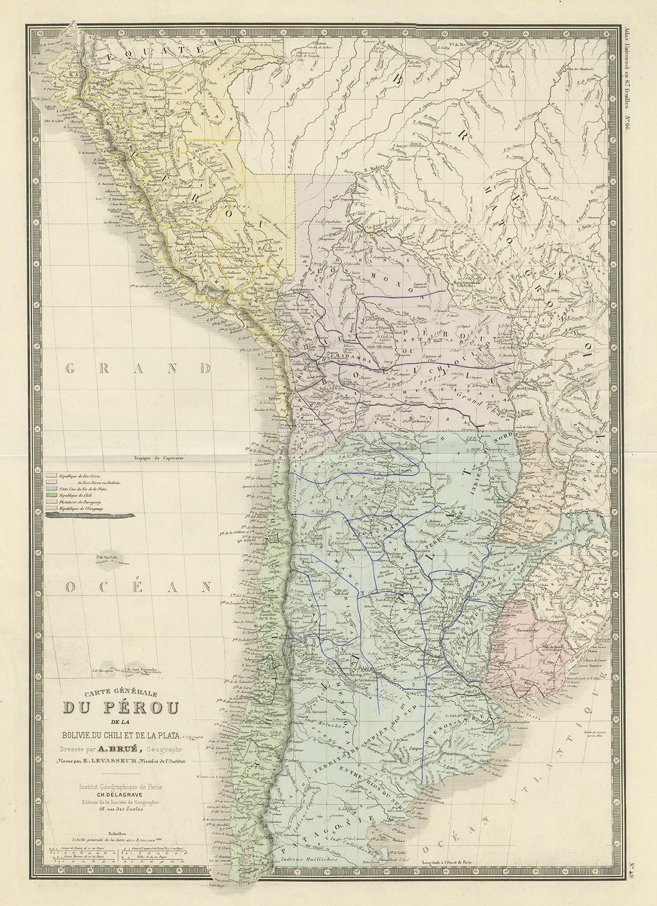 Antique map titled 'Carte générale du Pérou'. Large map of Peru. This map originates from 'Atlas de Géographie Moderne Physique et Politique' by A. Levasseur. Published 1875.