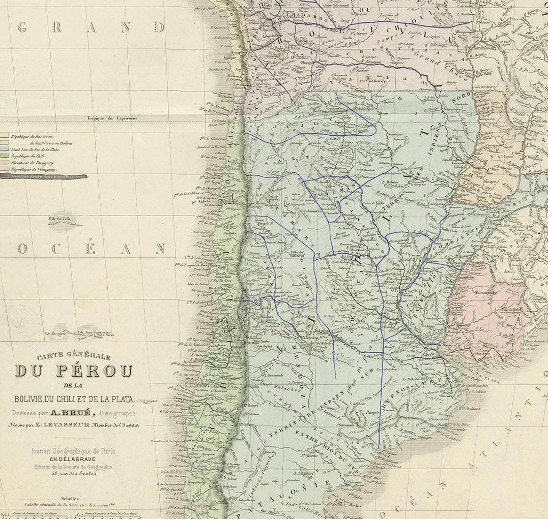 Original Antique Map of Peru in South America, 1875