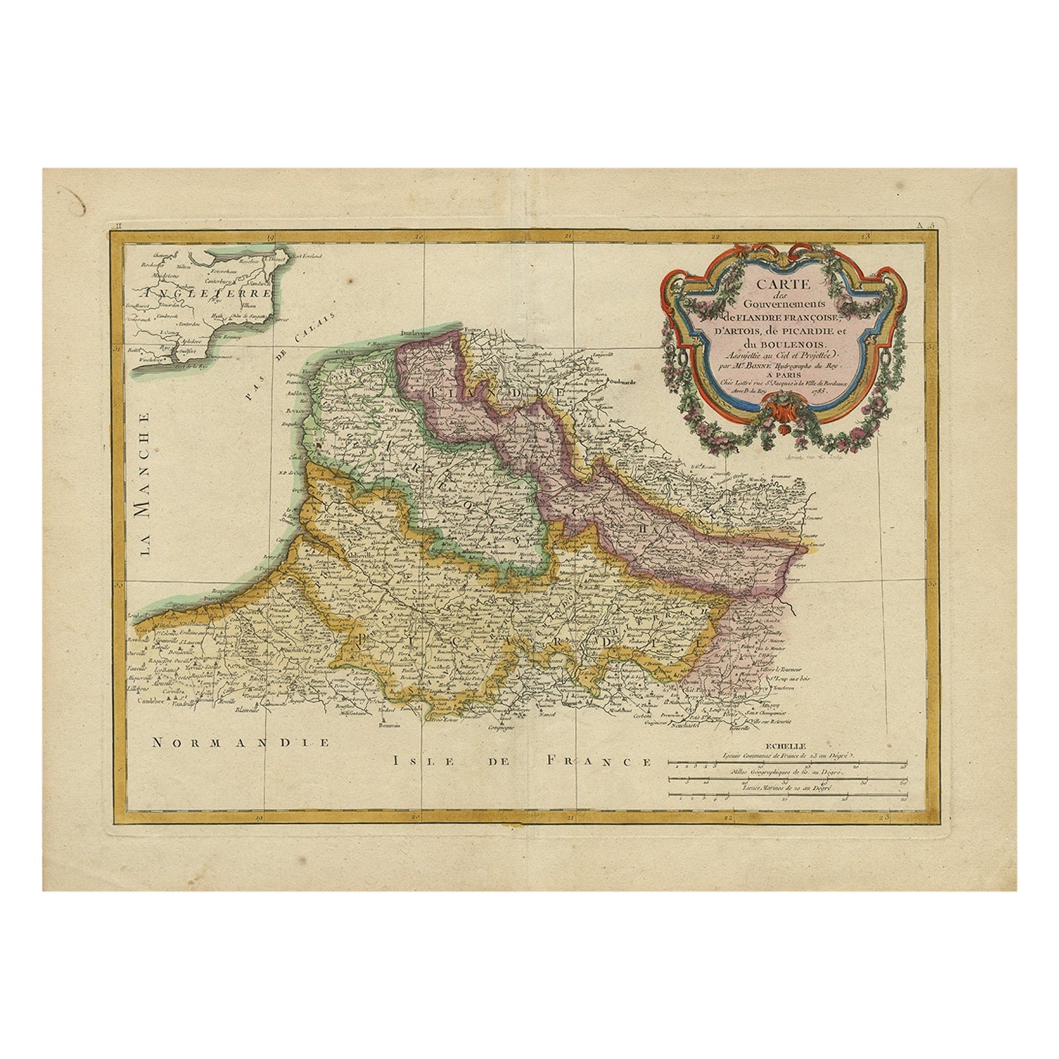 Carte ancienne de Picardy, Aroits et des Flandres françaises par Bonne, vers 1780