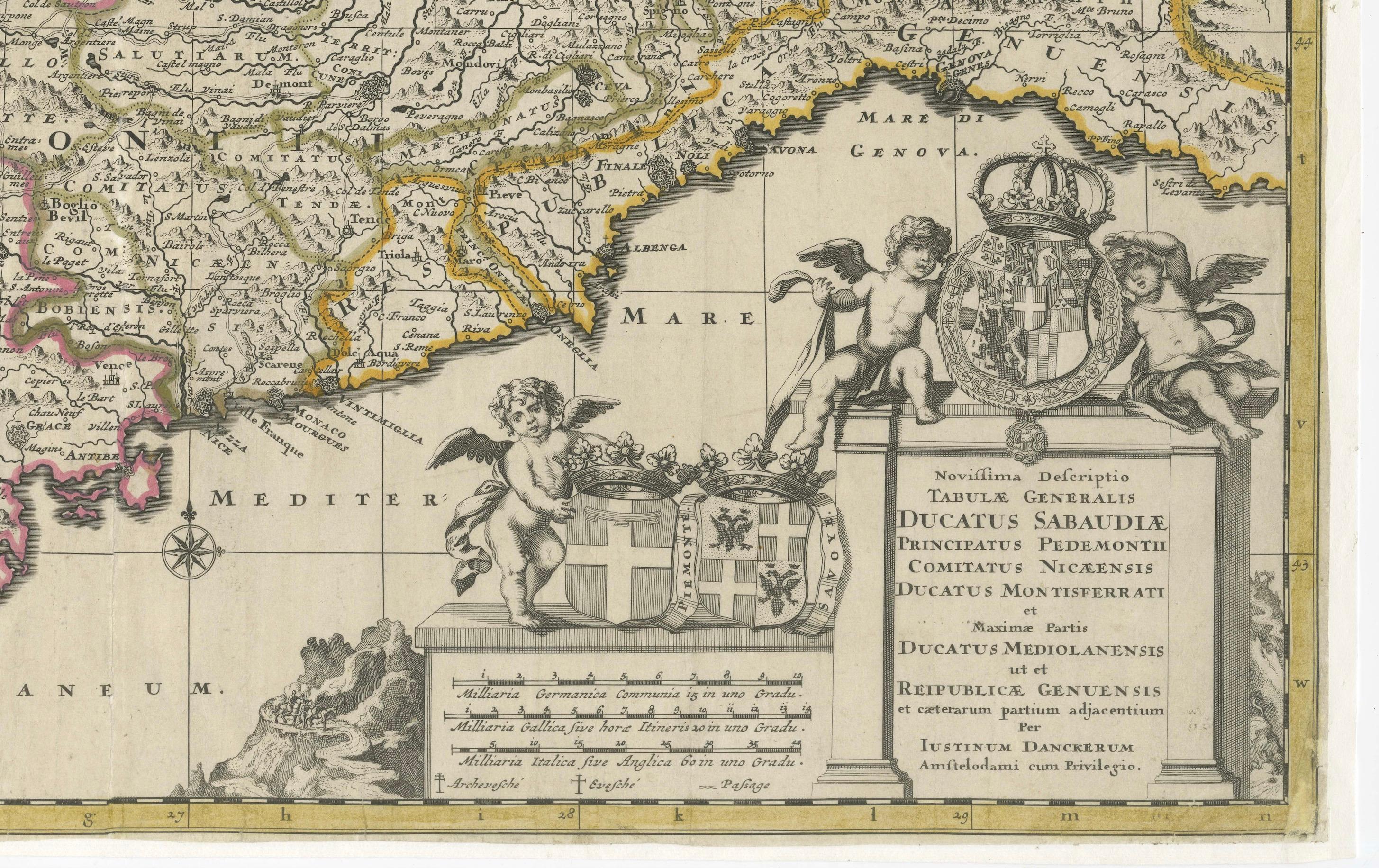 Antique Map of Piedmont, Savoy and Liguria by Justus Danckerts, Amsterdam c.1690 im Angebot 1