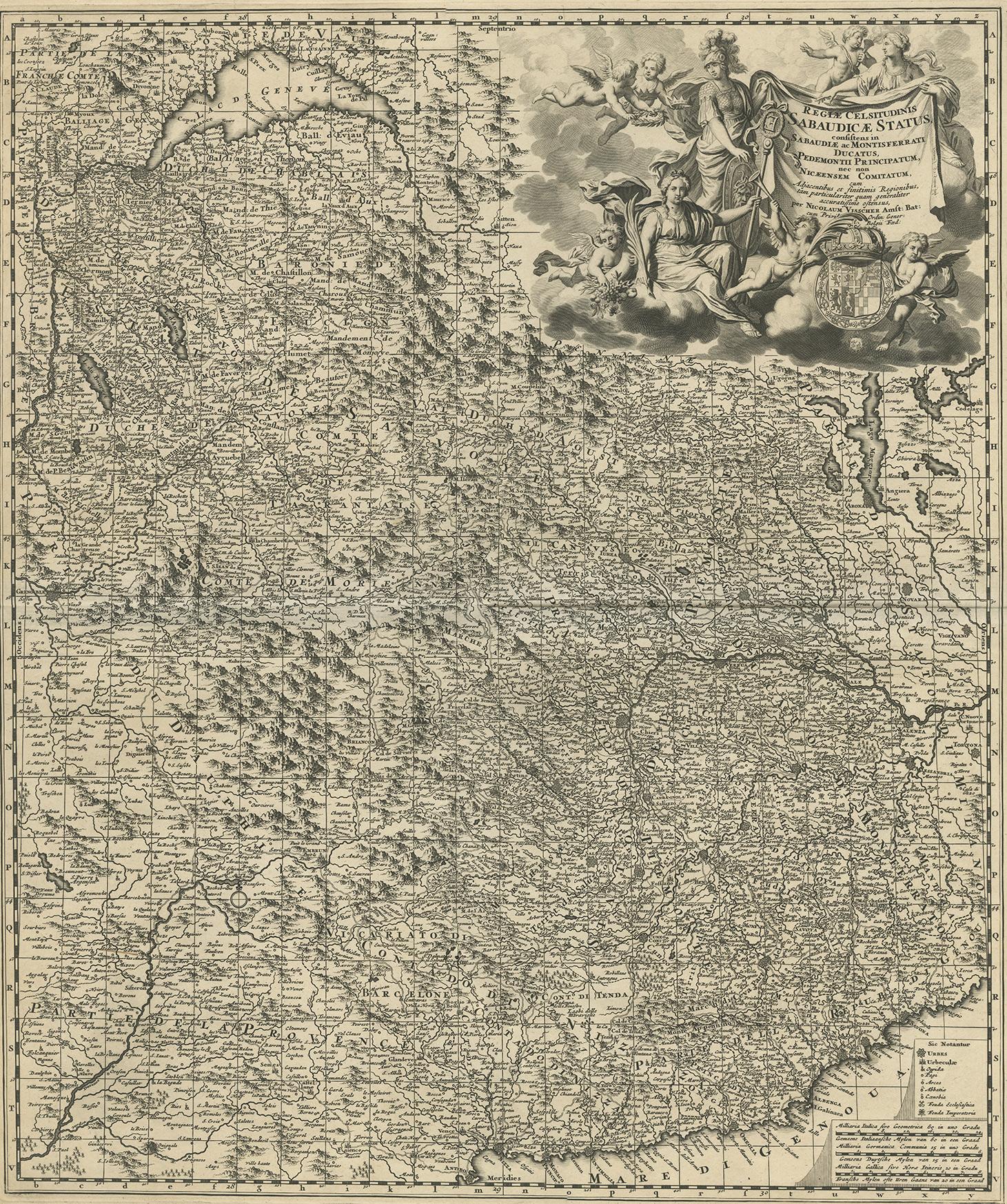 Antique map titled 'Regiae Celsitudinis Sabaudicae Status consistens in Sabaudiae ac Montisferrati Ducatus, Pedemontii Principatum (..). This map originates from 'Atlas Minor Sive Geographia Compendosia (..)', Amsterdam (1683-1696).