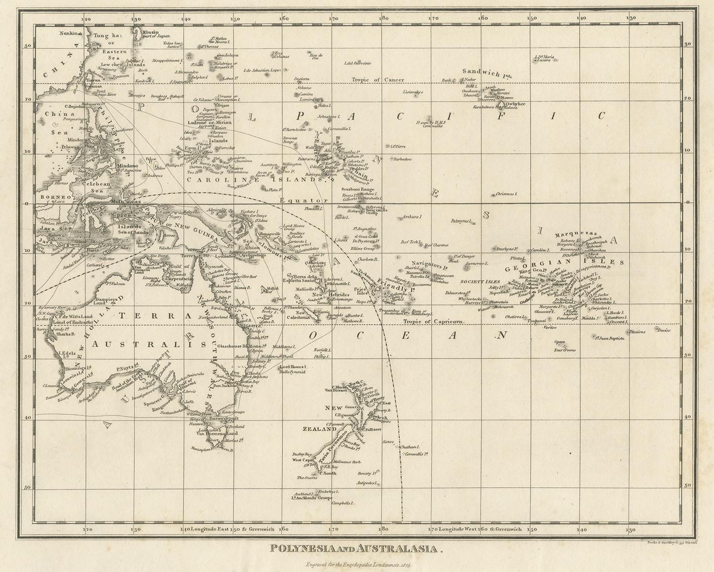 Antique map titled 'Polynesia and Australasia'. It shows Australia (New Holland), part of Asia, New Zealand and many islands. This map originates from 'Encyclopedia Londinensis'.