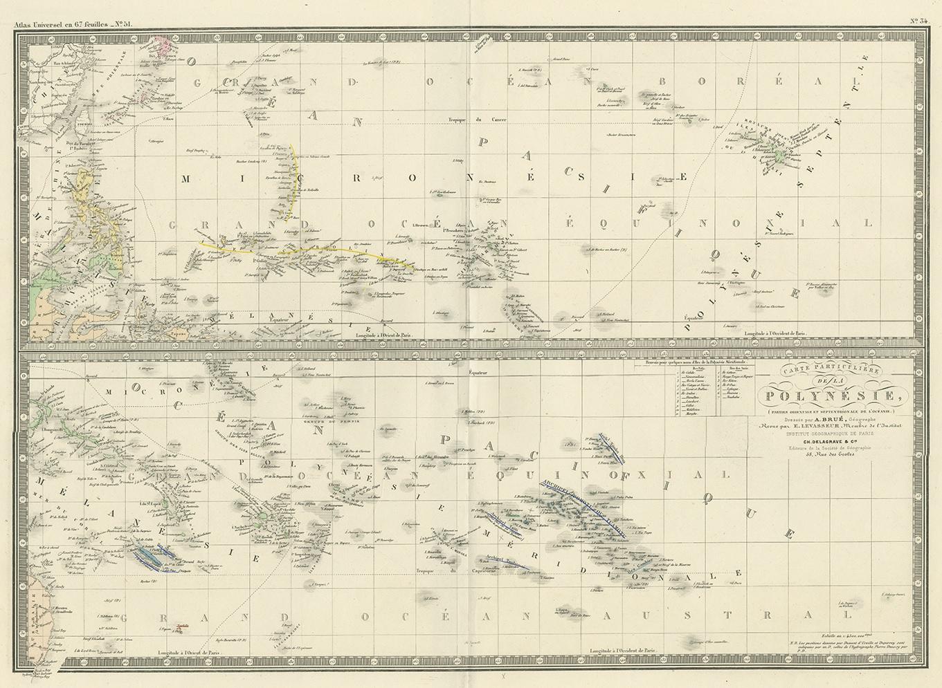 Antique map titled 'Carte particuliere de la Polynesia'. Large map of Polynesia. This map originates from 'Atlas de Géographie Moderne Physique et Politique' by A. Levasseur. Published, 1875.