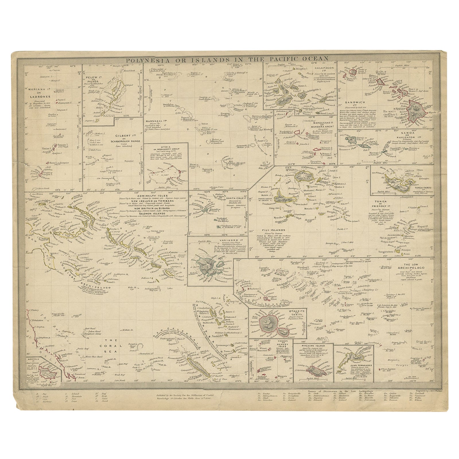 Carte ancienne de la Polynesia par Walker, 1840