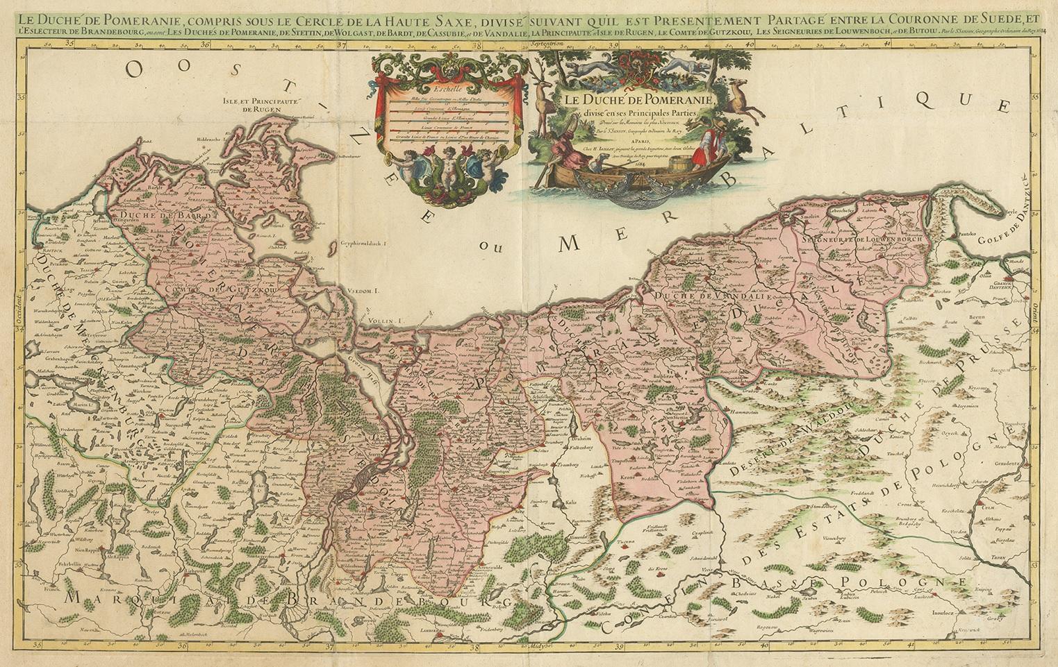 Antique map titled 'Le Duche de Pomeranie divise en ses Principales Parties (..)'. Large map of Pomerania. Pomerania is a historical region on the southern shore of the Baltic Sea in Central Europe, split between Poland and Germany. This map exists