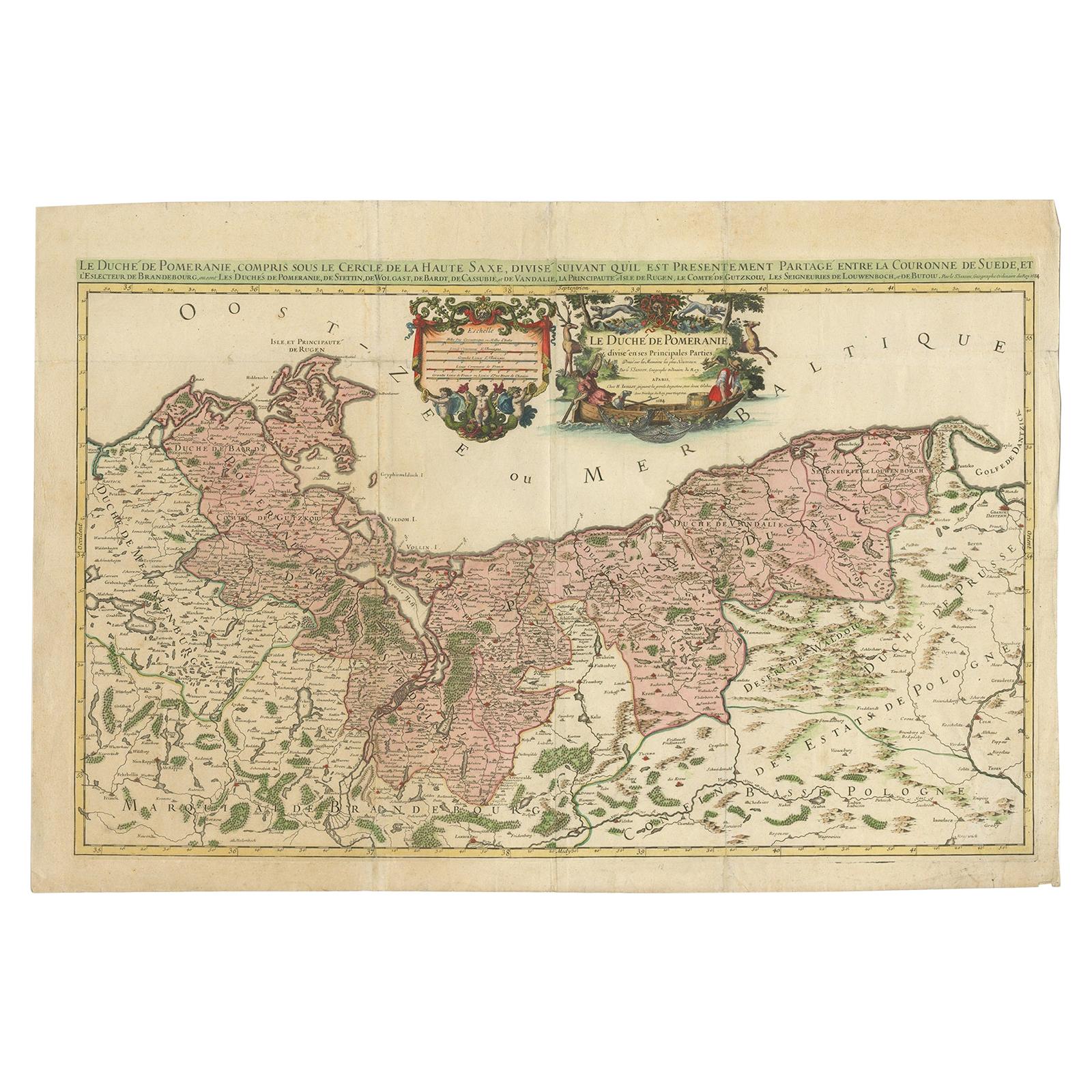 Original Hand-coloured Antique Map of Pomerania by Sanson '1684' For Sale