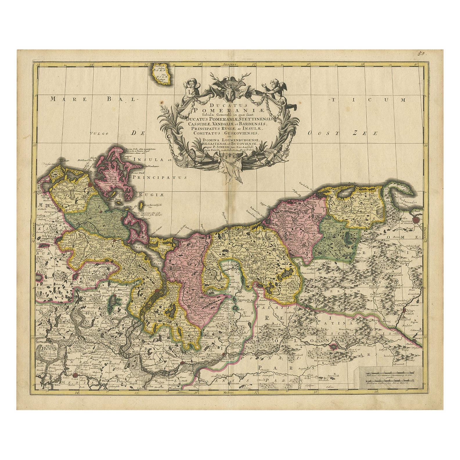 Antike Karte von Pommern von Schenk, um 1750