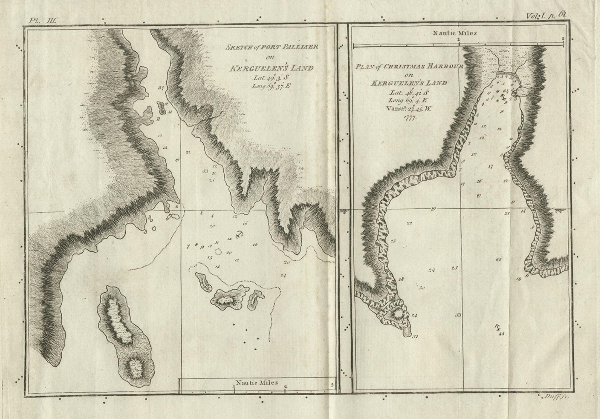 Papier Carte ancienne de Port Pallisers & Kersmis par Cook, vers 1781 en vente