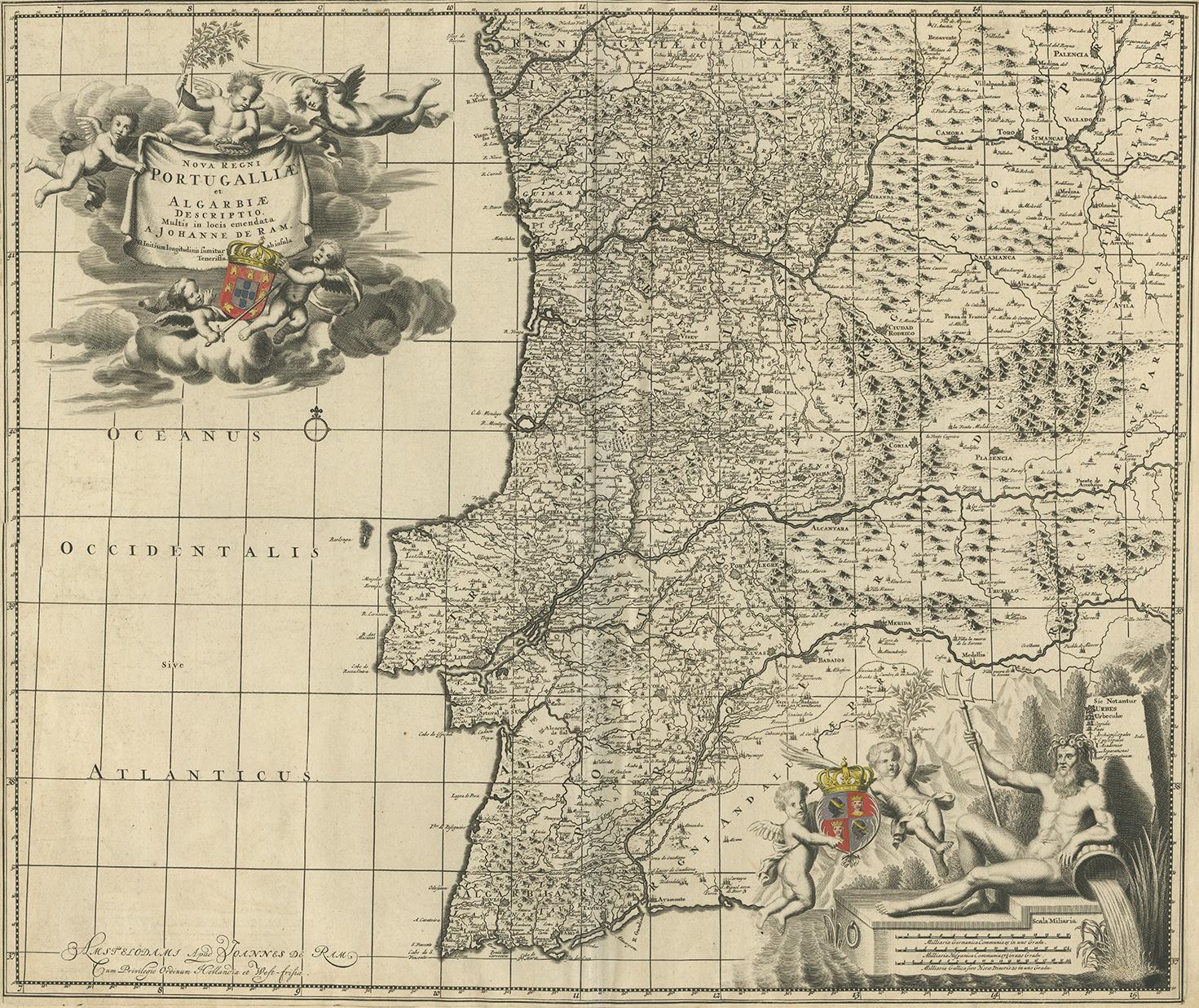 A detailed map of Portugal. Embellished with beautiful cartouche, sailing vessels and many putti. Very rare edition by J. de Ram, circa 1680.