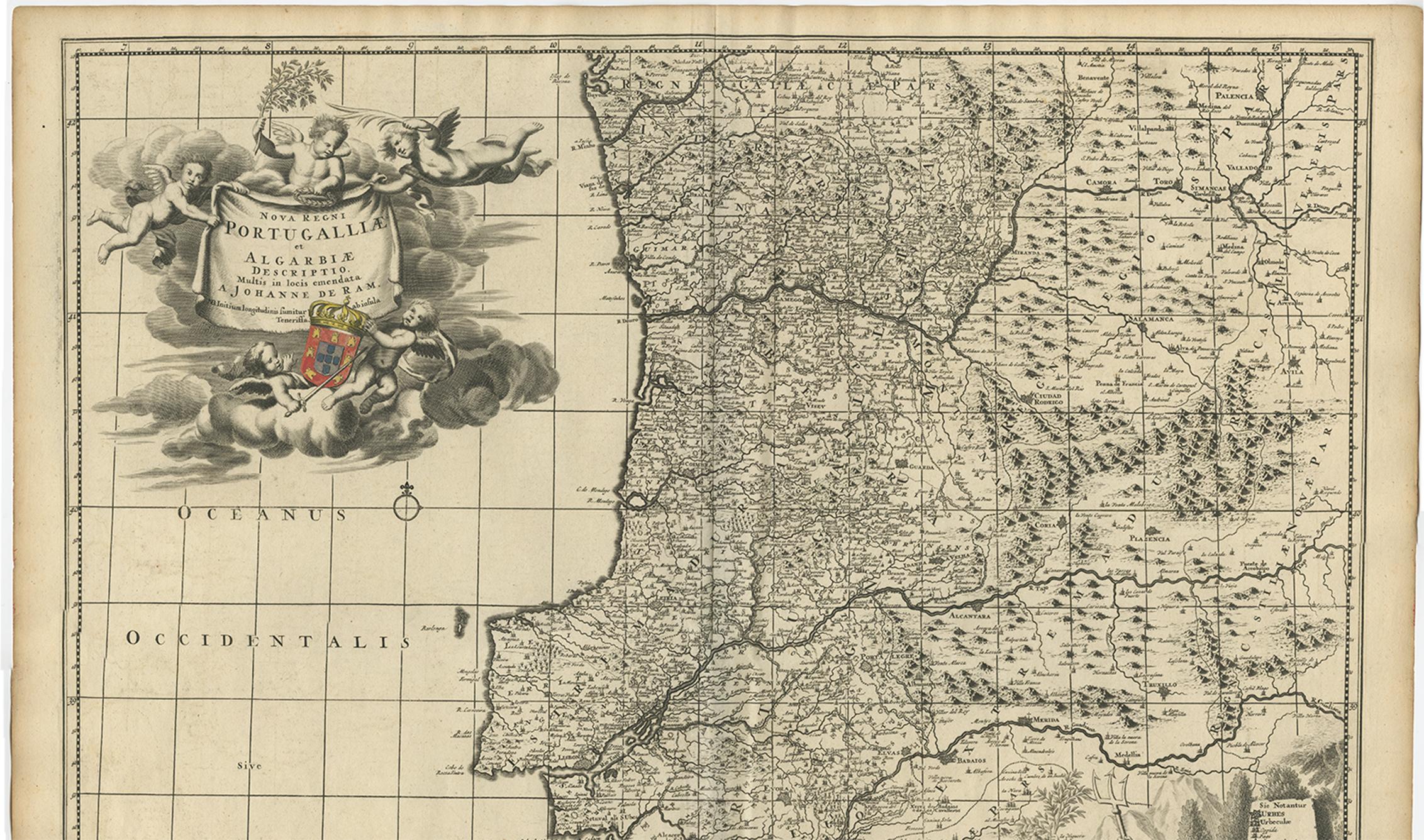 Paper Antique Map of Portugal by J. De Ram, circa 1680 For Sale