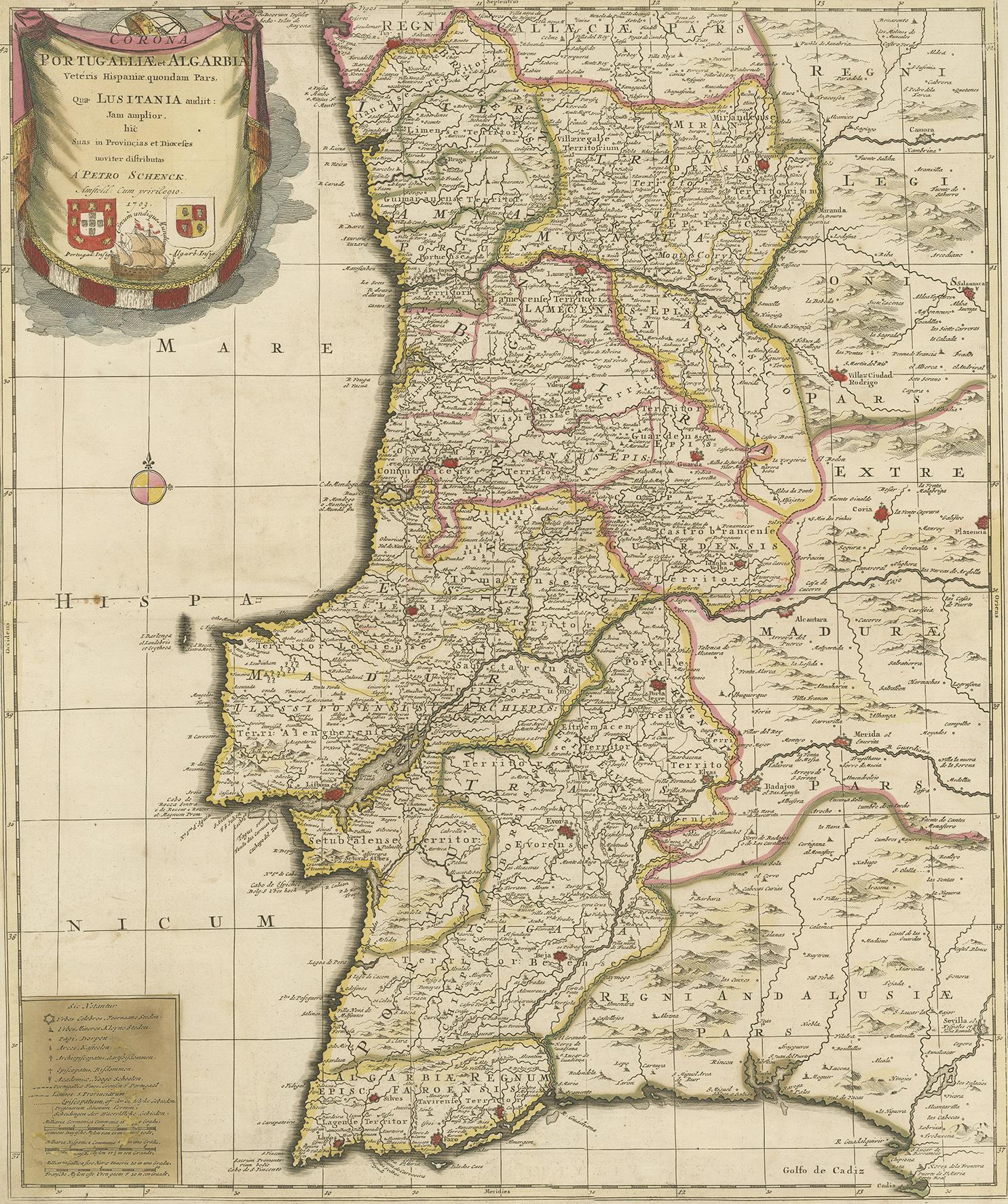 Antique map titled 'Portugalliae et Algarbia'. Striking example of Schenk's rare map of Portugal, with the coats of arms of Portugal, Algarbia and a Spanish sailing vessell in the cartouche. 

Peter Schenk the Elder (1660-1711) moved to Amsterdam in