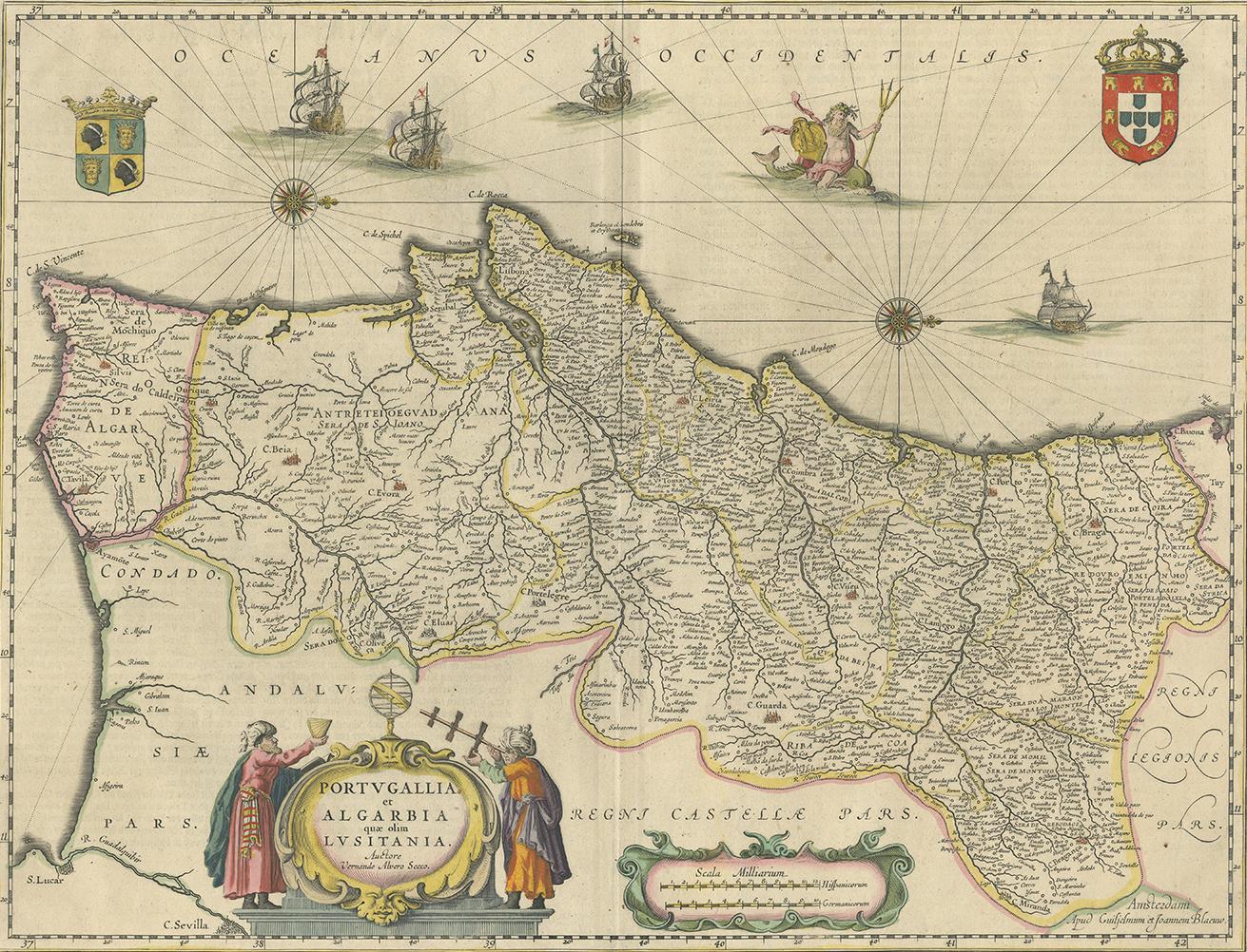 Antique map titled 'Portugallia et Algarbia quae olim Lusitania'. Decorative map of Portugal. Fine ornamental cartouche, containing title flanked by cartographers, secondary cartouche has two scales. Four ships at sea, ornamental compass and Neptune