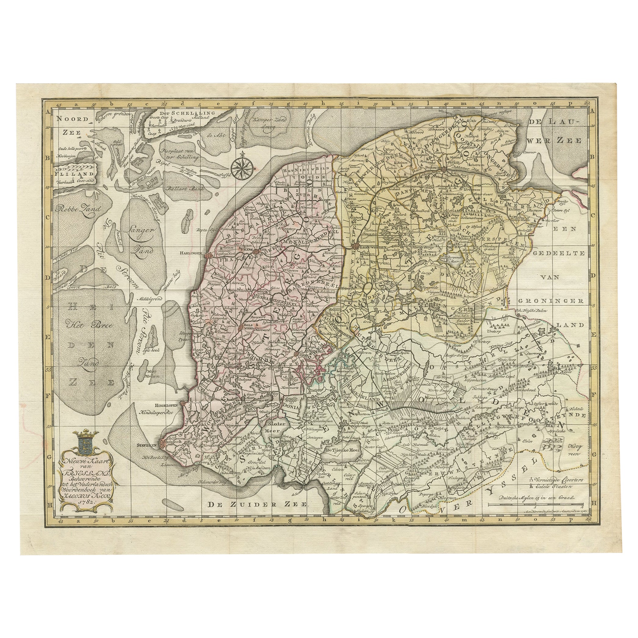 Carte ancienne de la province du Friesland, aux Pays-Bas, 1787
