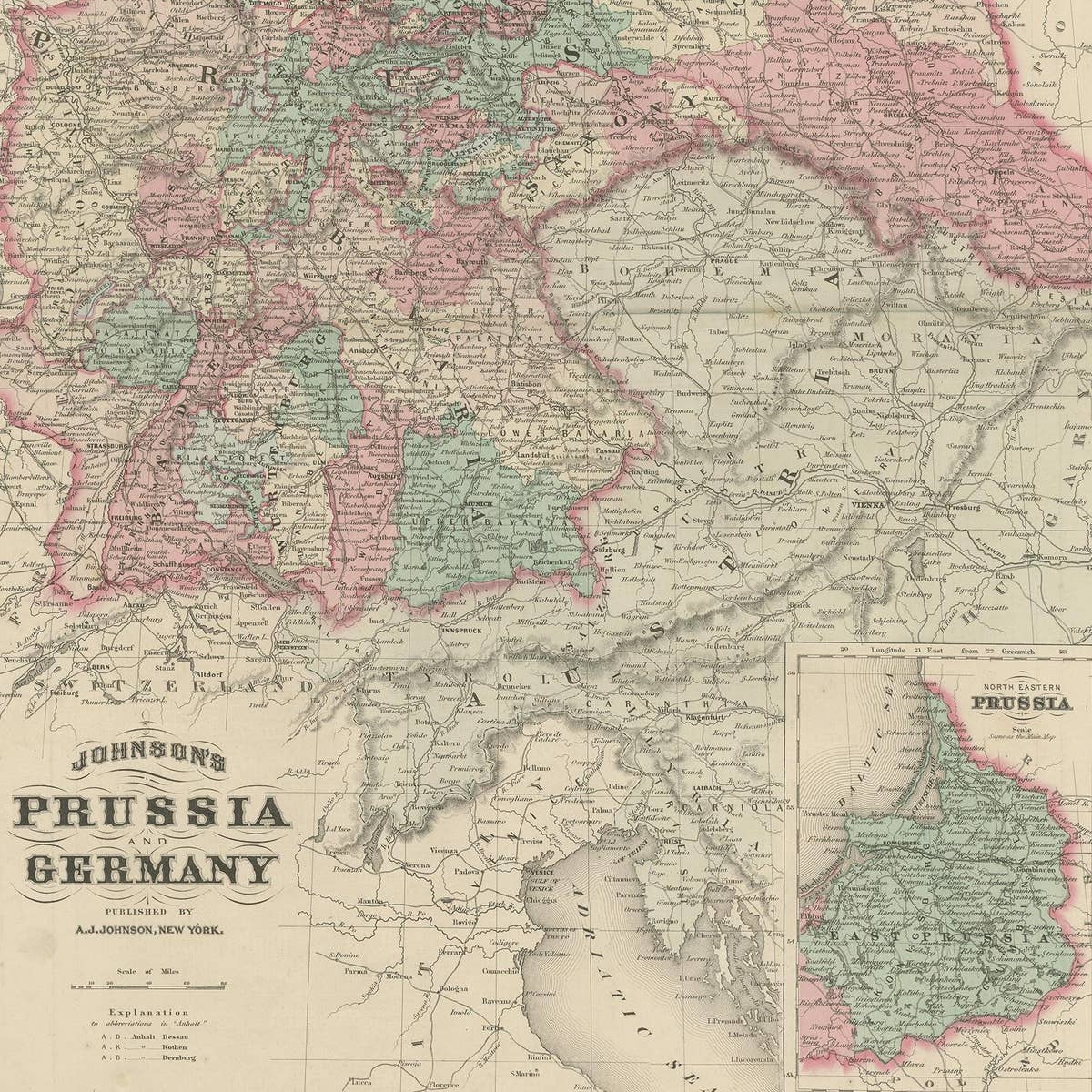 Antique Map of Prussia and Germany by Johnson, 1872
