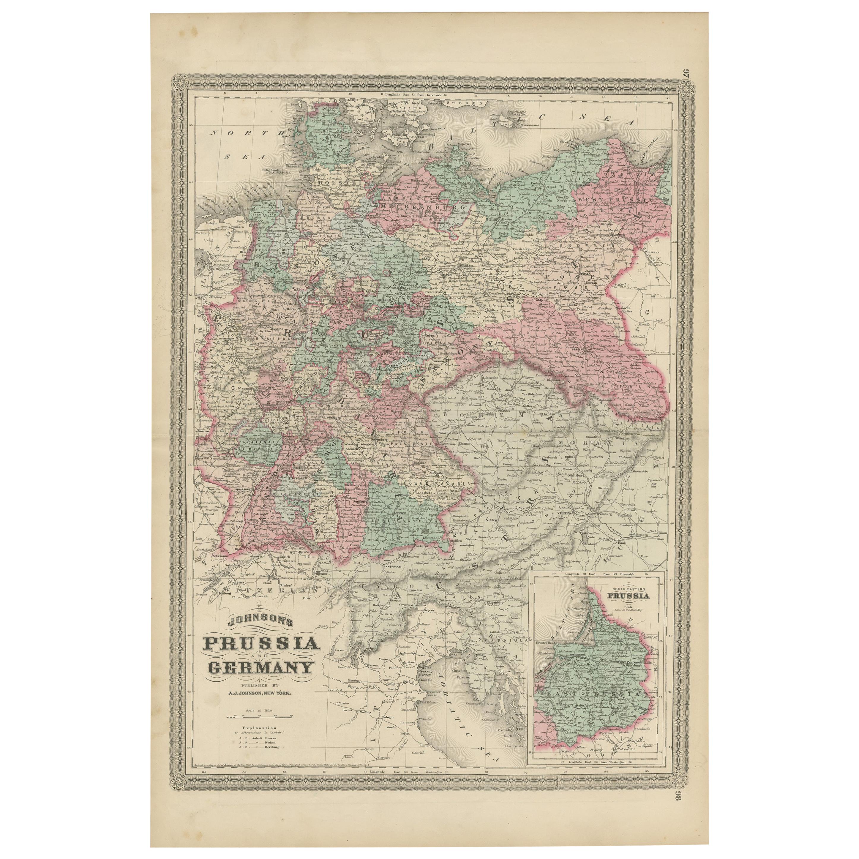 Antike Karte von Preußen und Deutschland von Johnson, 1872