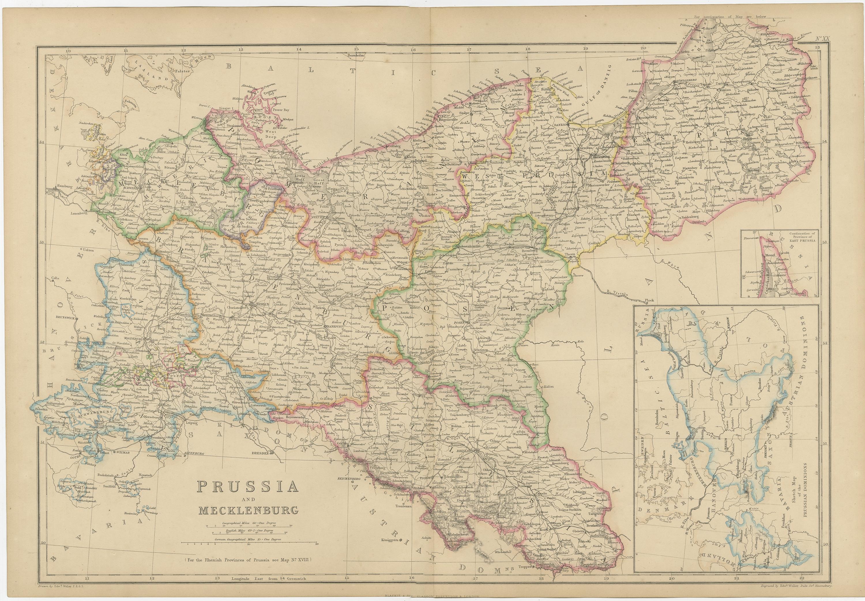 Antique map titled 'Prussia and Mecklenburg'. Original antique map of Prussia and Mecklenburg with inset map of East Prussia. This map originates from ‘The Imperial Atlas of Modern Geography’. Published by W. G. Blackie, 1859.