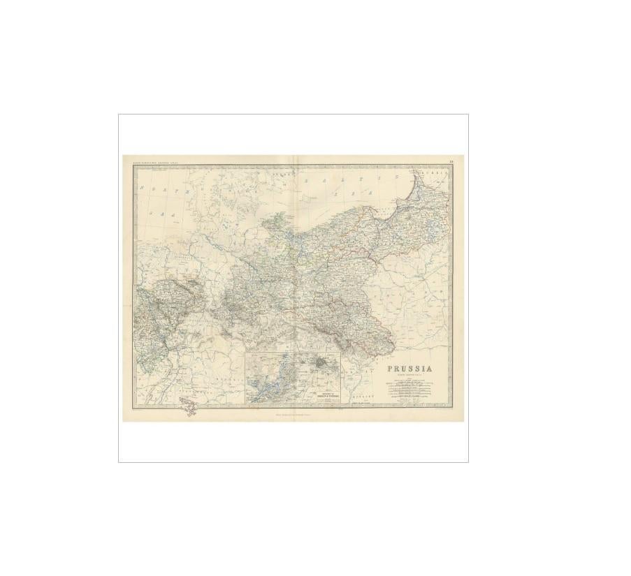 Antique map titled 'Prussia'. Depicting Germany, Denmark and more. With an inset map of Berlin and Potsdam. This map originates from the ‘Royal Atlas of Modern Geography’ by Alexander Keith Johnston. Published by William Blackwood and Sons,