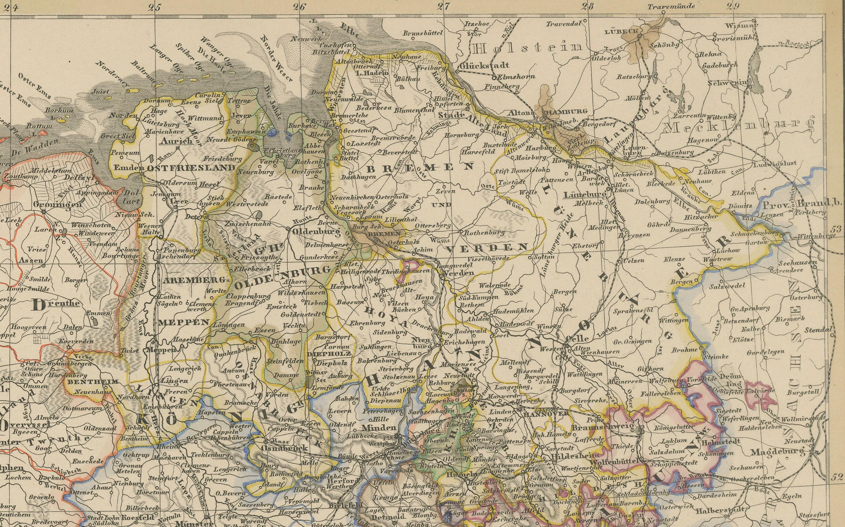 Carte ancienne de la Prusse, du Hanover, des Pays-Bas et de la Belgique - 1858 Bon état - En vente à Langweer, NL