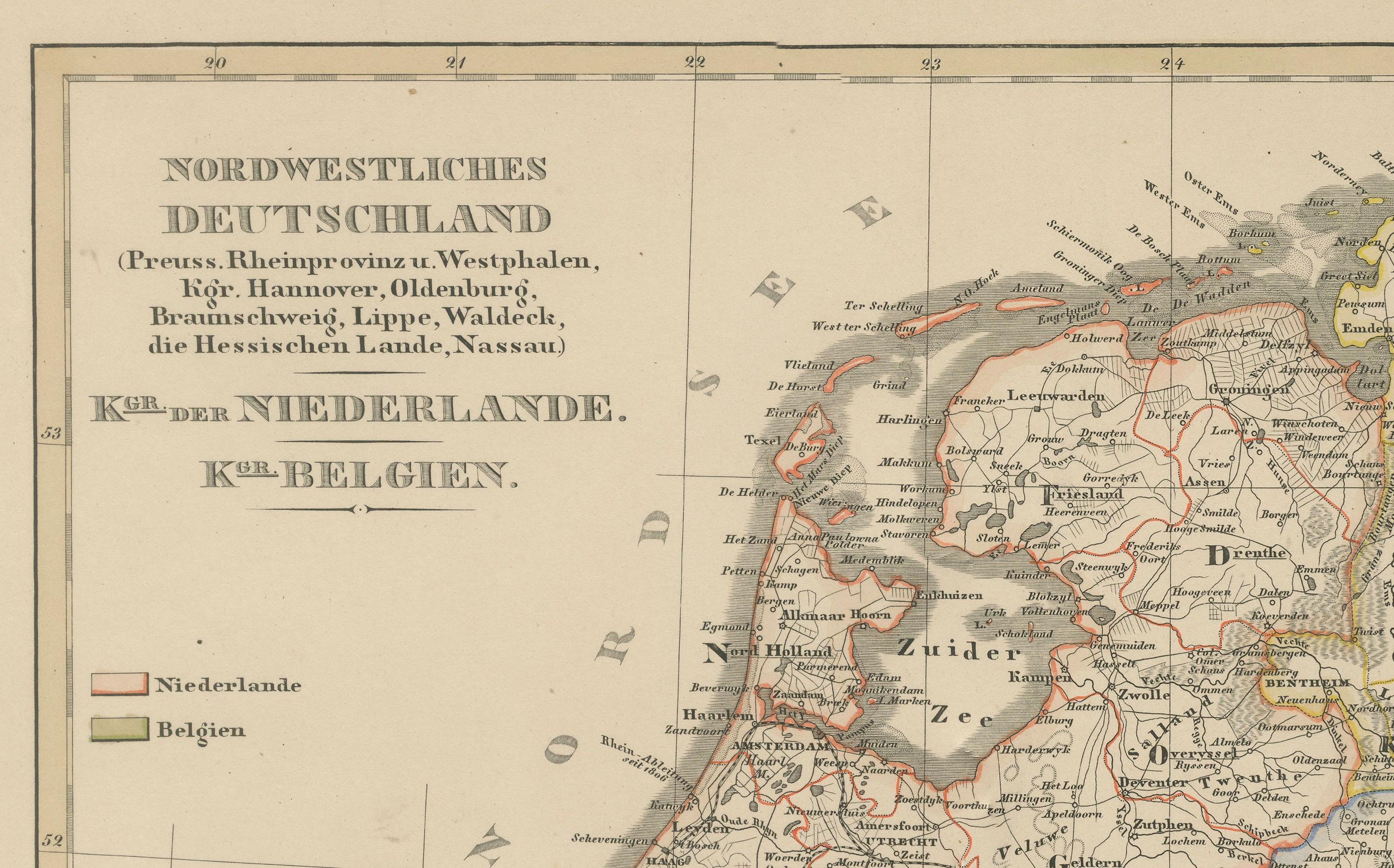XIXe siècle Carte ancienne de la Prusse, du Hanover, des Pays-Bas et de la Belgique - 1858 en vente