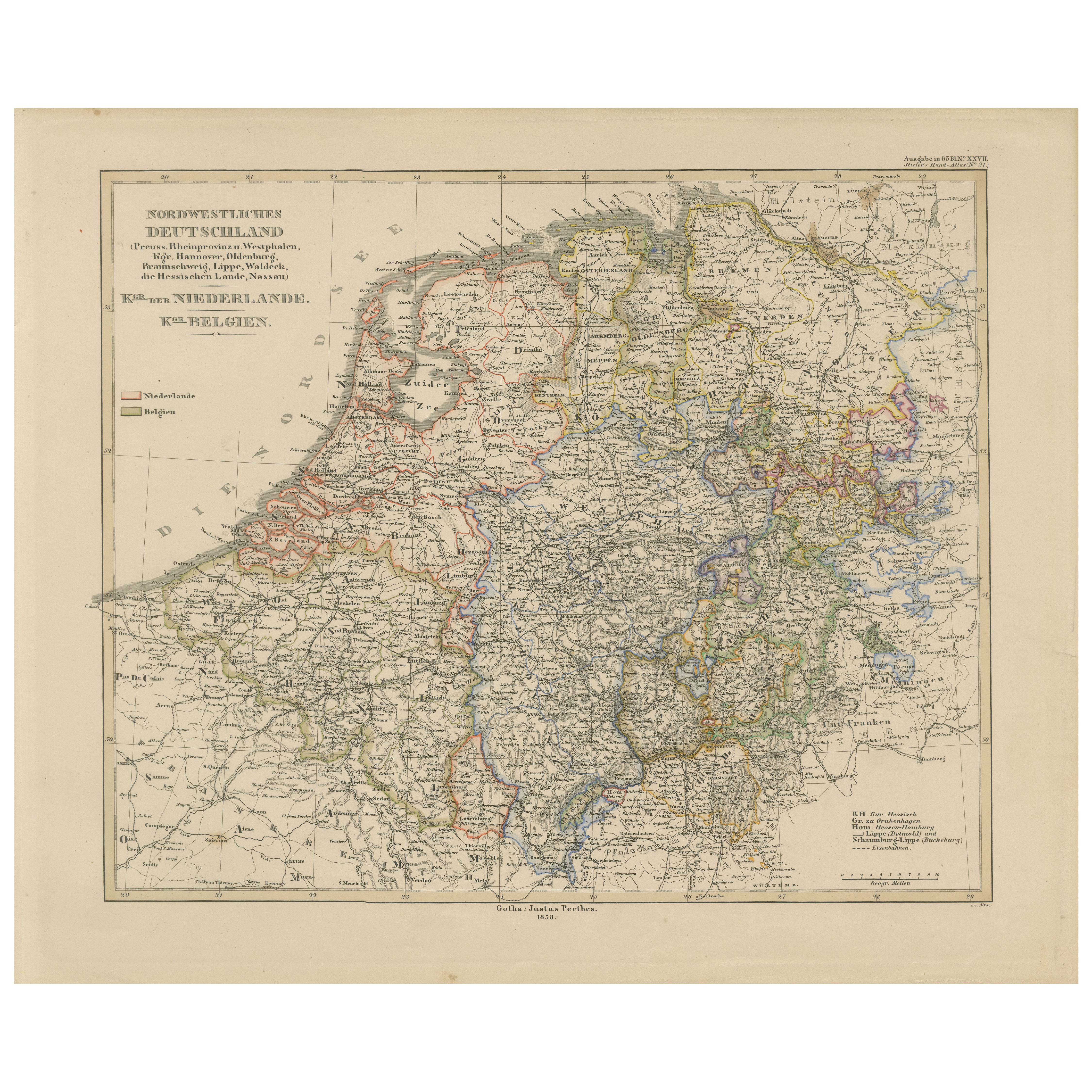 Antike Karte von Preußen, Hannover, Niederlande & Belgien - 1858