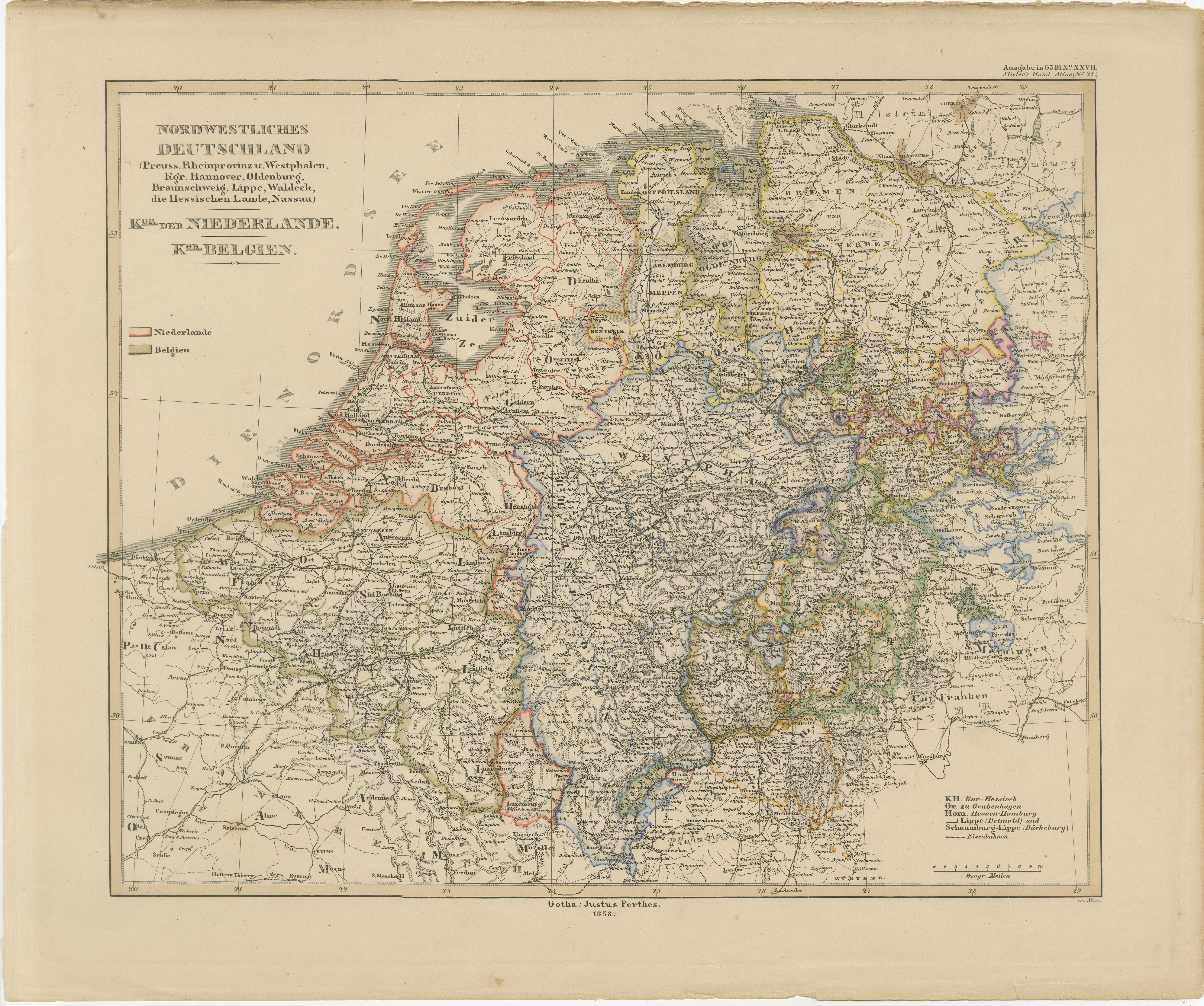 Mapa antiguo de Prusia, Hannover, Países Bajos y Bélgica - 1858