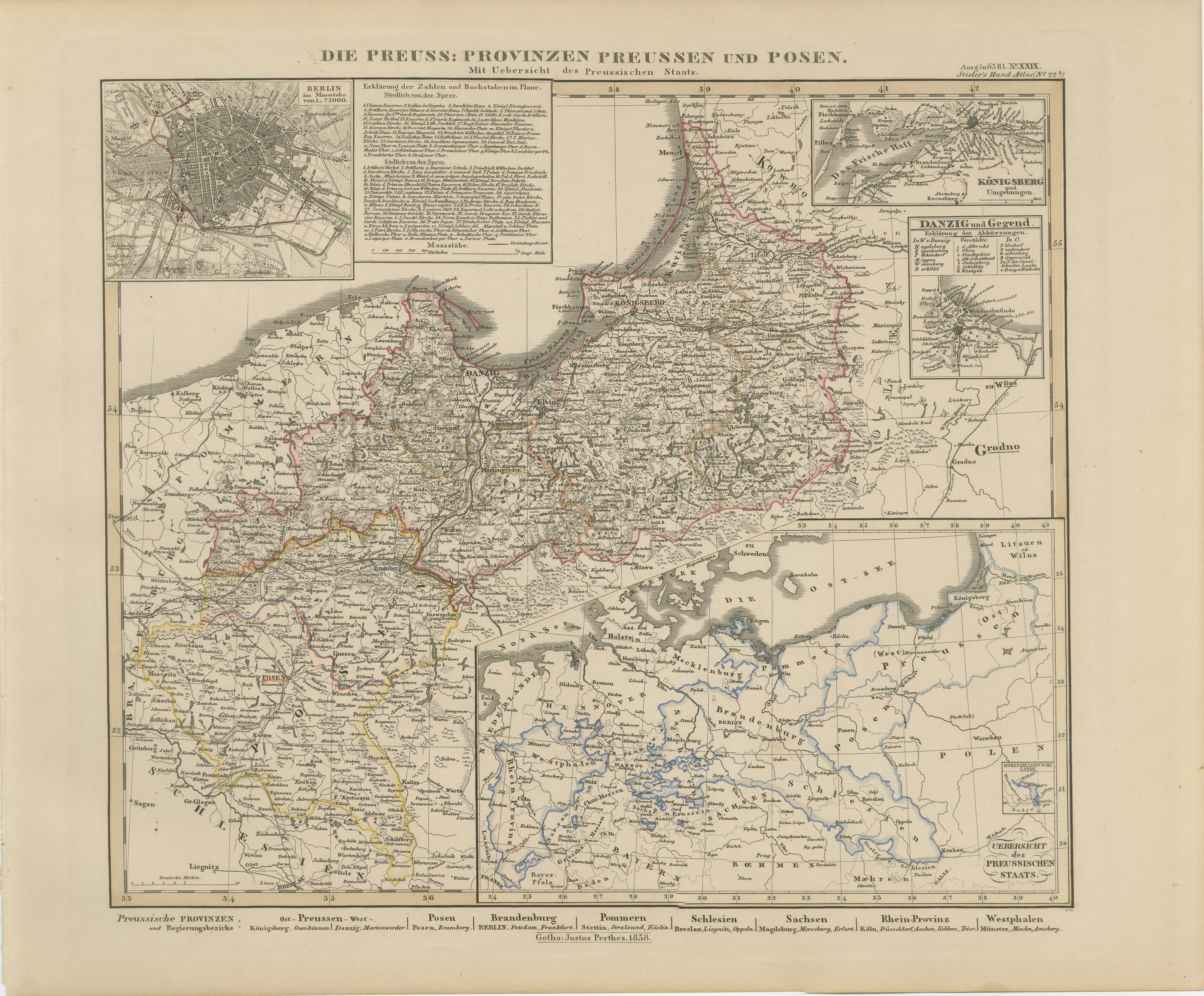 Mapa antiguo de Prusia y Posen - Con inserciones de Berlín, Königsberg y Danzig, 1858

Mapa muy detallado y rico en información titulado 