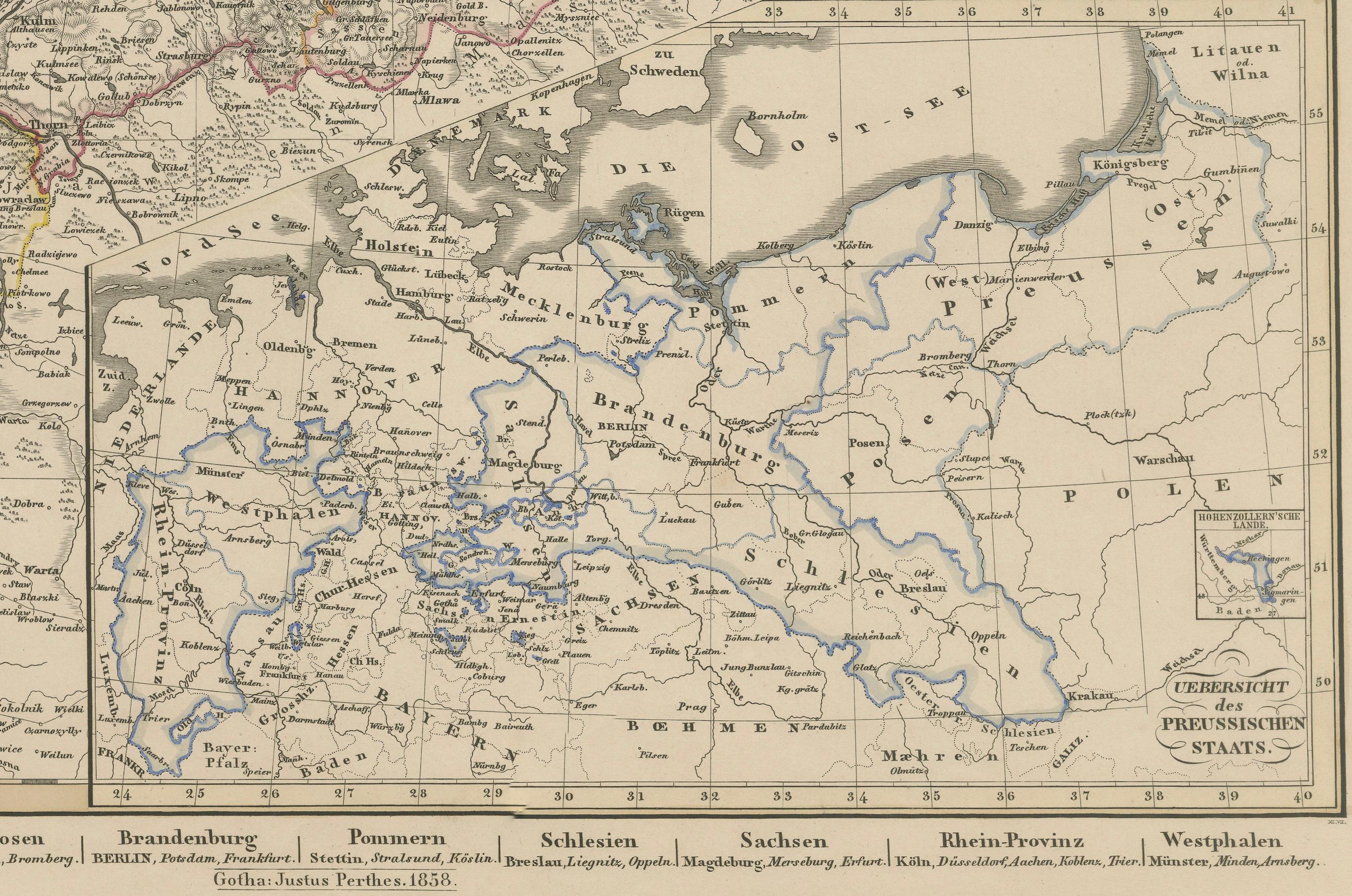 Mapa antiguo de Prusia y Posen - Inserciones de Berlín, Königsberg y Danzig, 1858 en venta 1