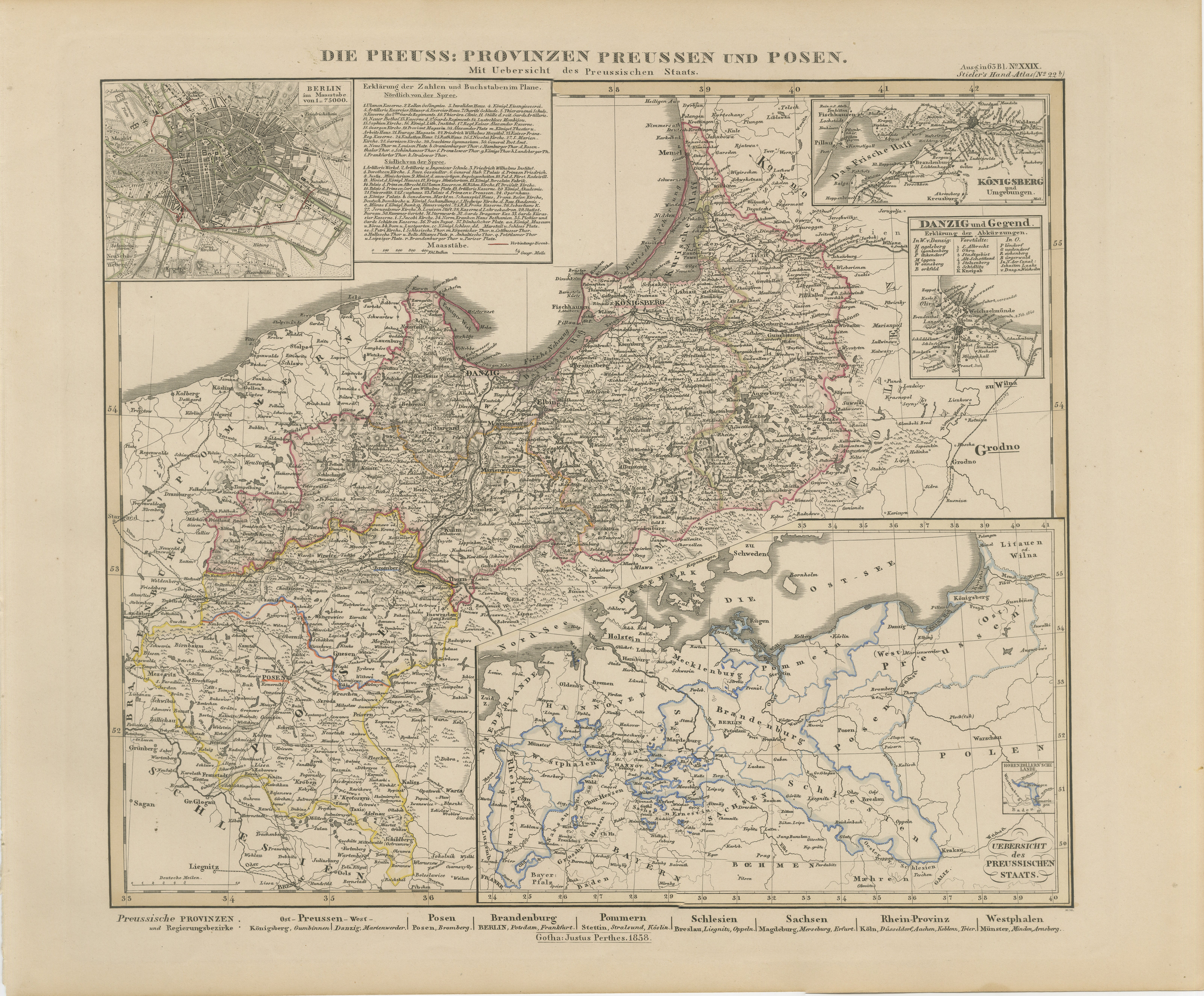 Mapa antiguo de Prusia y Posen - Inserciones de Berlín, Königsberg y Danzig, 1858 en venta