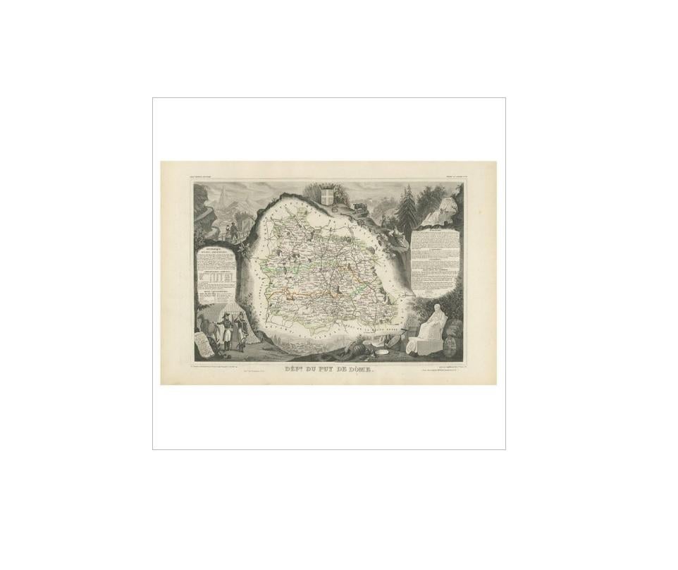 Antique map titled 'Dépt. du Puy de Dôme'. Map of the French department of Puy De Dome, France. This mountainous department includes Auvergne, one of the leading cheese regions in France. Here you can find a wide variety of cheeses, from Cantal, a