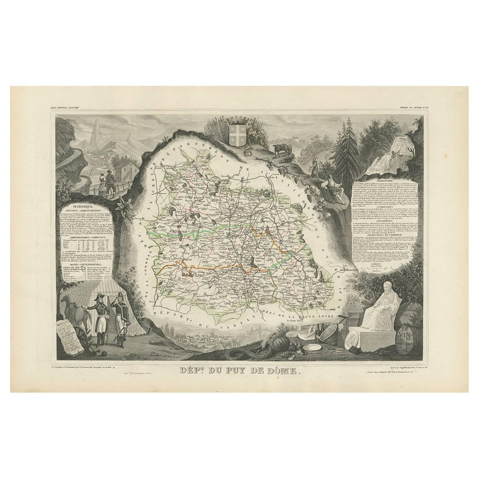 Antique Map of Puy de Dôme ‘France’ by V. Levasseur, 1854 For Sale