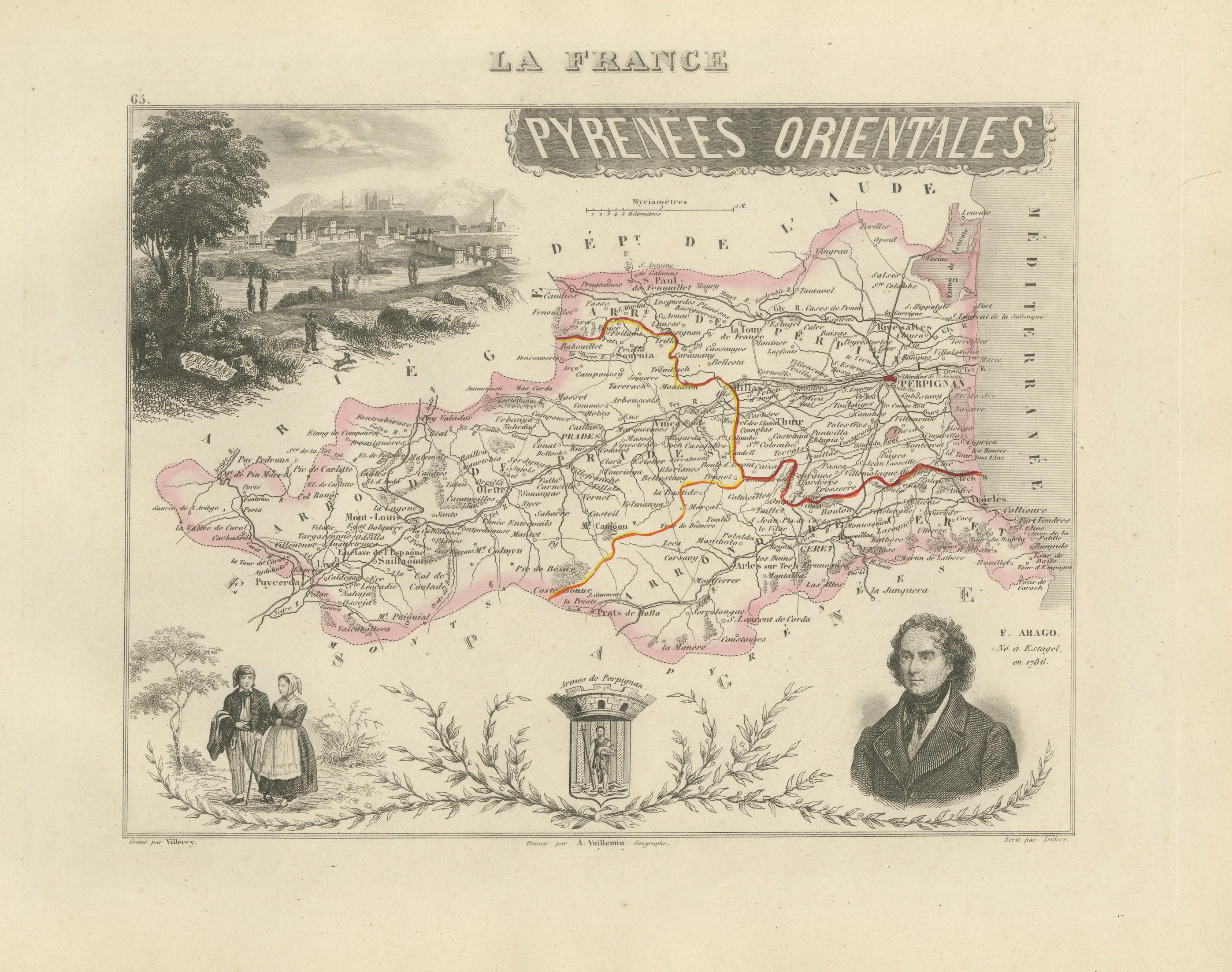 Antique Map of Pyrénées-Orientales by Vuillemin, circa 1850