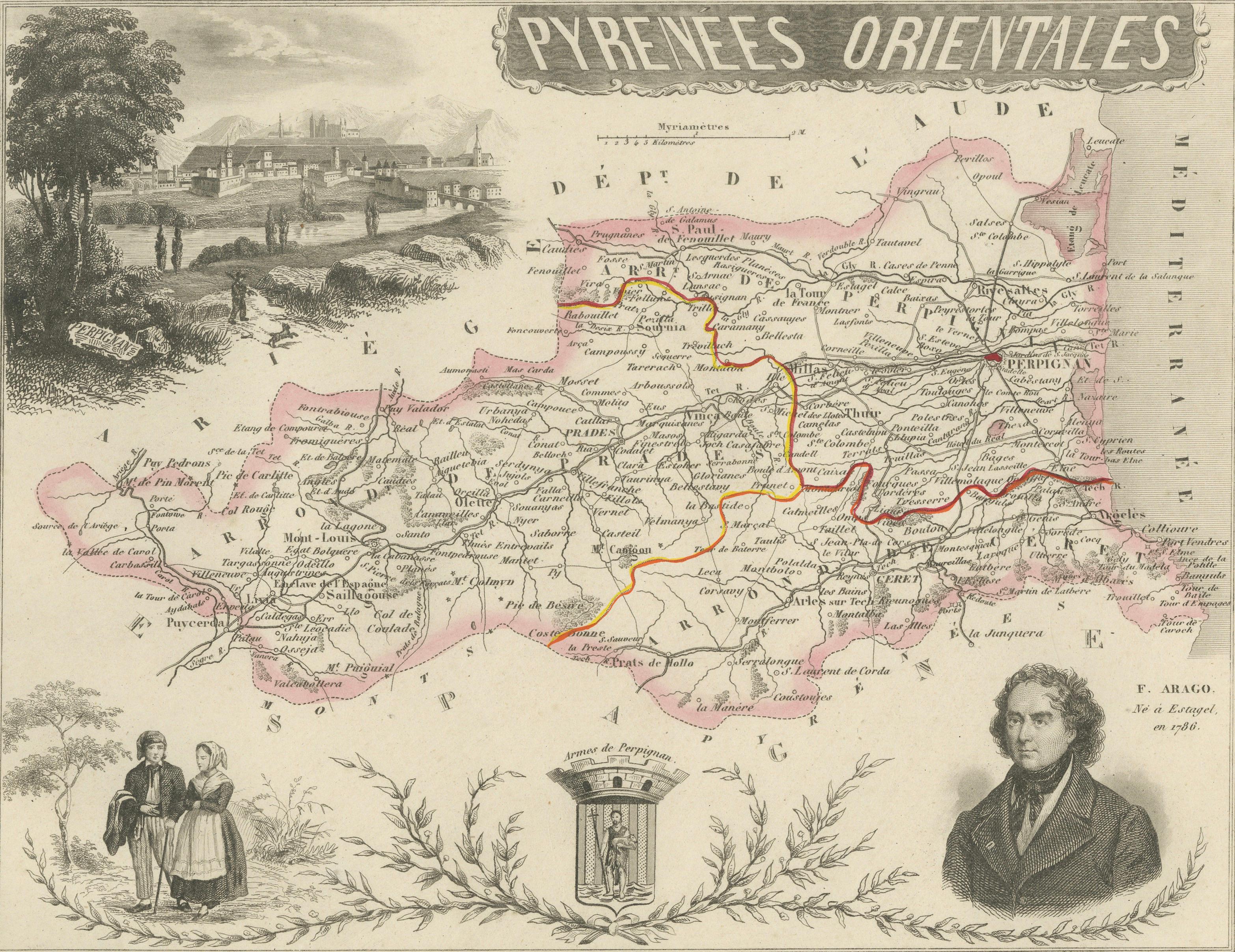 Antique Map of Pyrénées-Orientales by Vuillemin, circa 1850