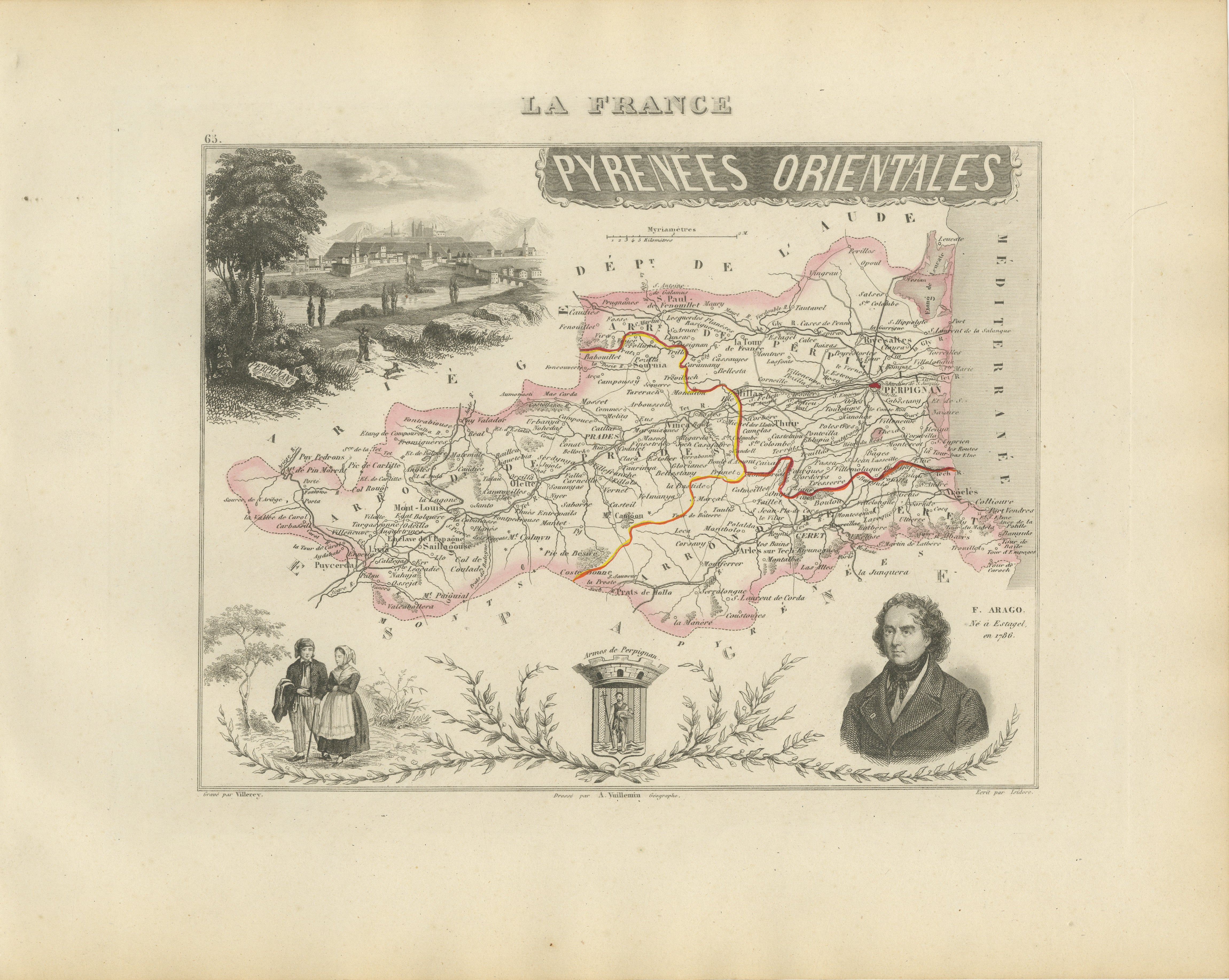 Antique Map of Pyrénées-Orientales by Vuillemin, circa 1850