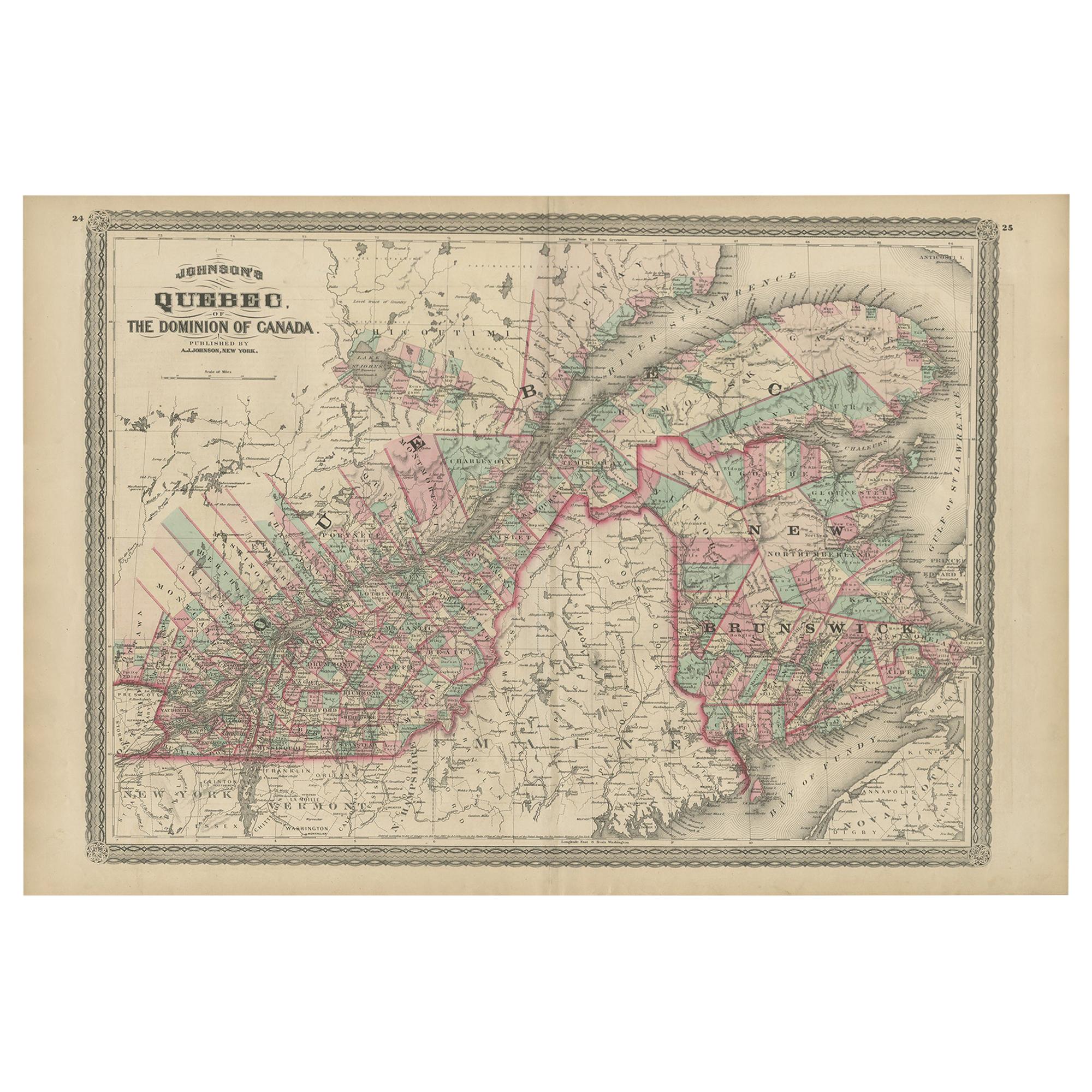 Antique Map of Quebec by Johnson, 1872